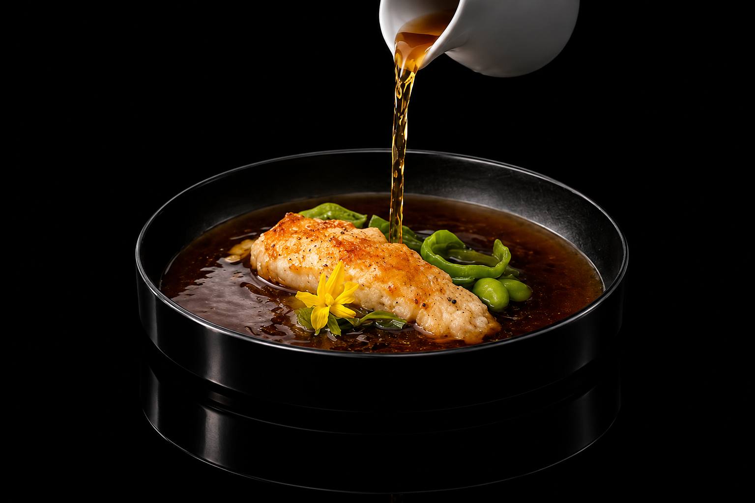 Poisson cuit avec légumes verts et une fleur jaune, avec du bouillon brun foncé, being versé sur le poisson.