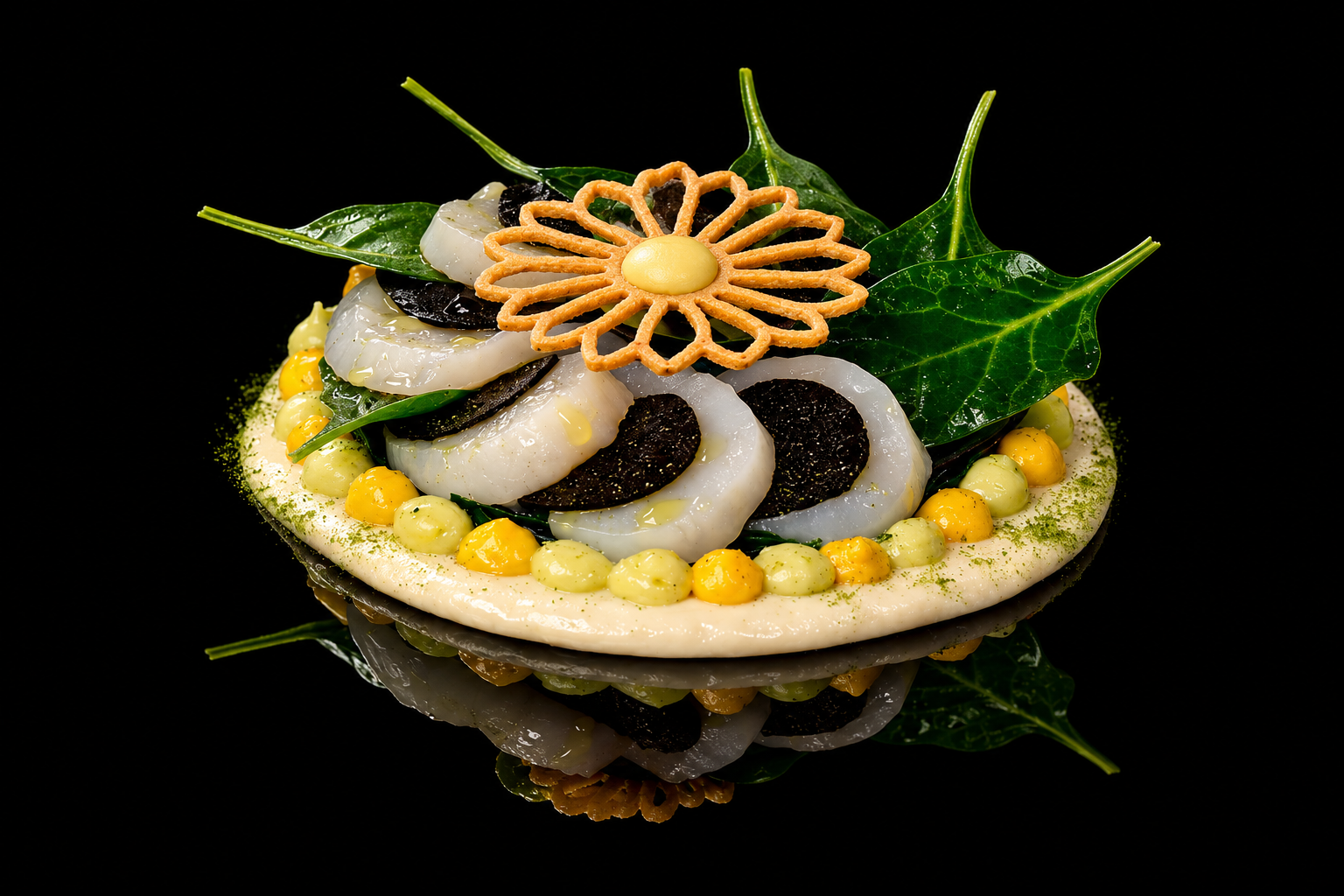 Plat gastronomique avec des tranches de fruits de mer, feuilles de houx, herbes vertes, et décorations en forme de fleur en pâte, sur une base blanche.