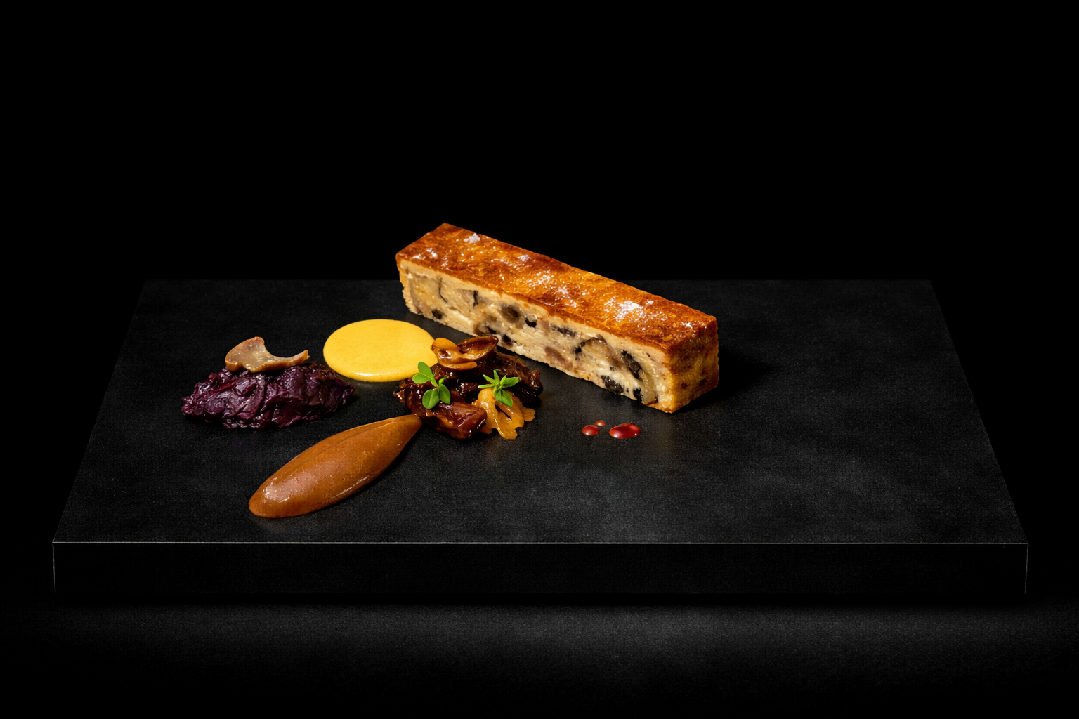 Assiette de plats sophistiqués avec un pâté ou terrine rectangular, accompagnée de purée, de compote de fruits, de sauces, et décorations végétales sur fond noir.