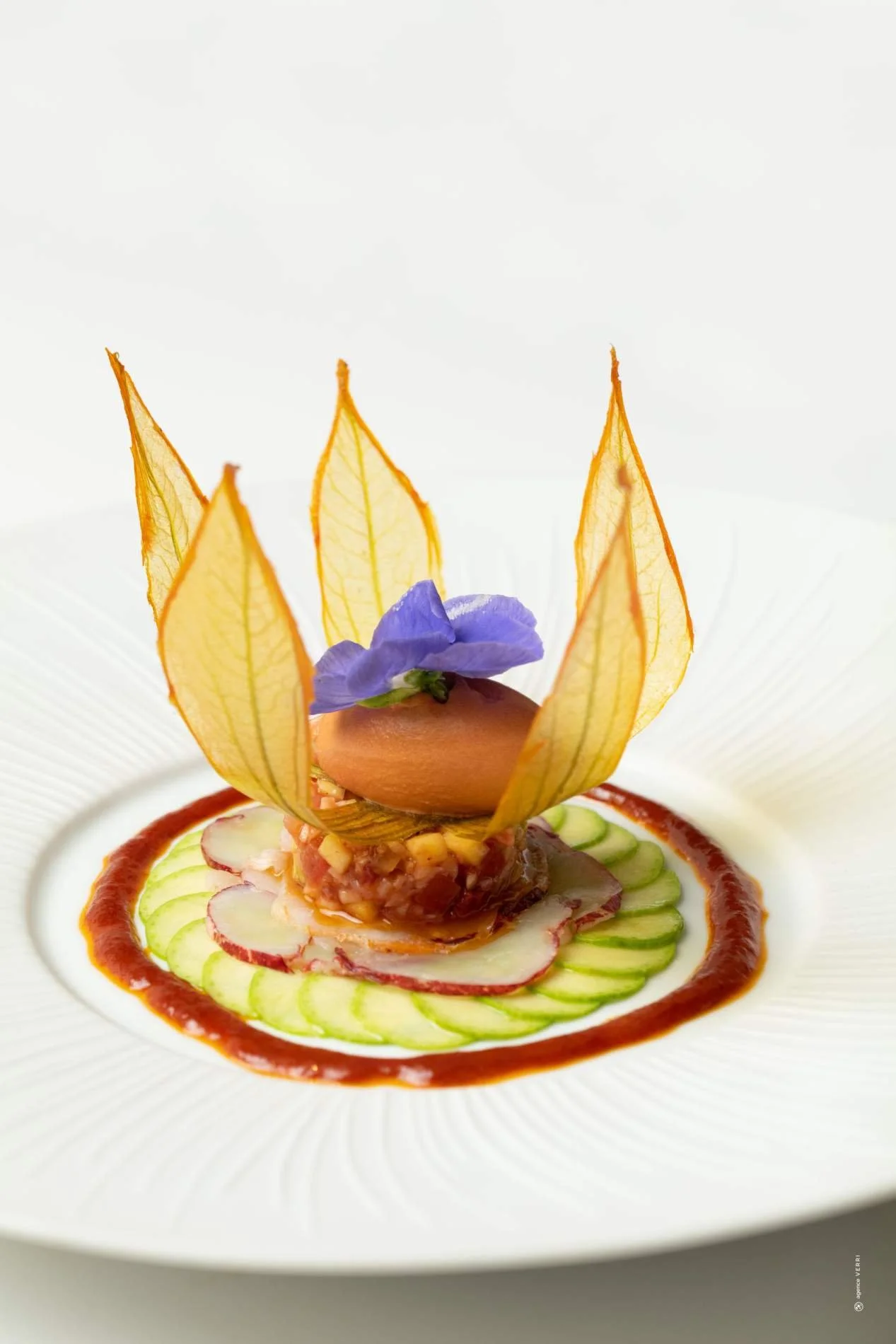 Assiette de cuisine sophistiquée avec un œuf au centre, entouré de fines tranches de légumes, décorée de feuilles de physalis et une fleur violette