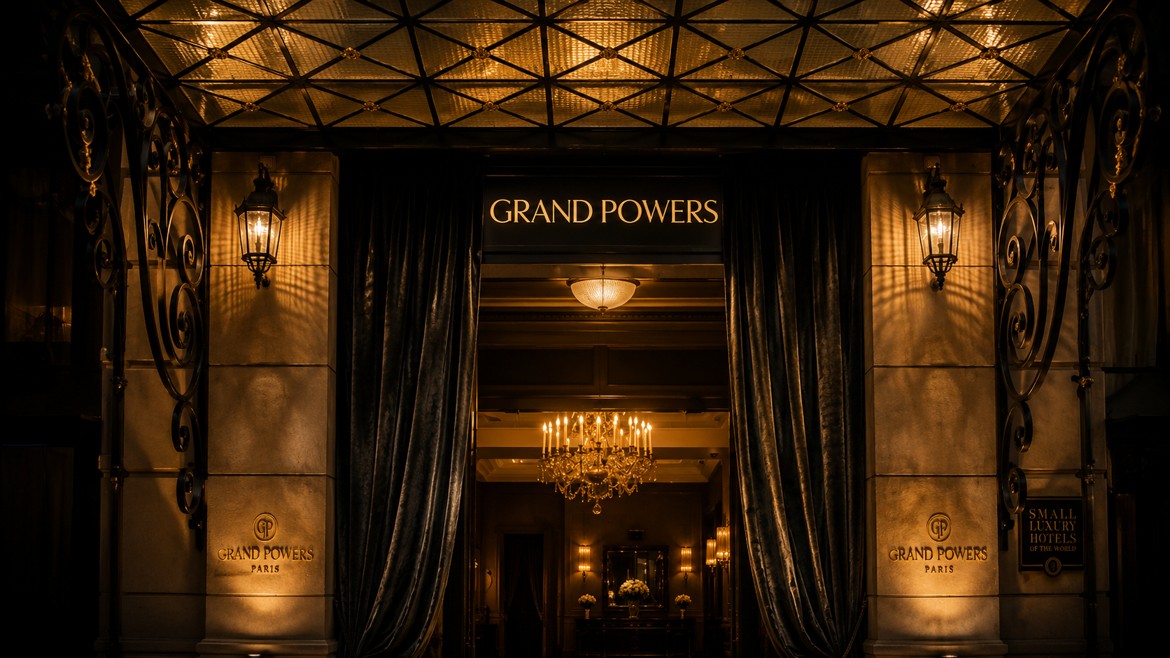 Entrée d'un hôtel de luxe nommé Grand Powers, avec des lampes à l'extérieur et un chandelier visible à l'intérieur, en style élégant et sophistiqué.