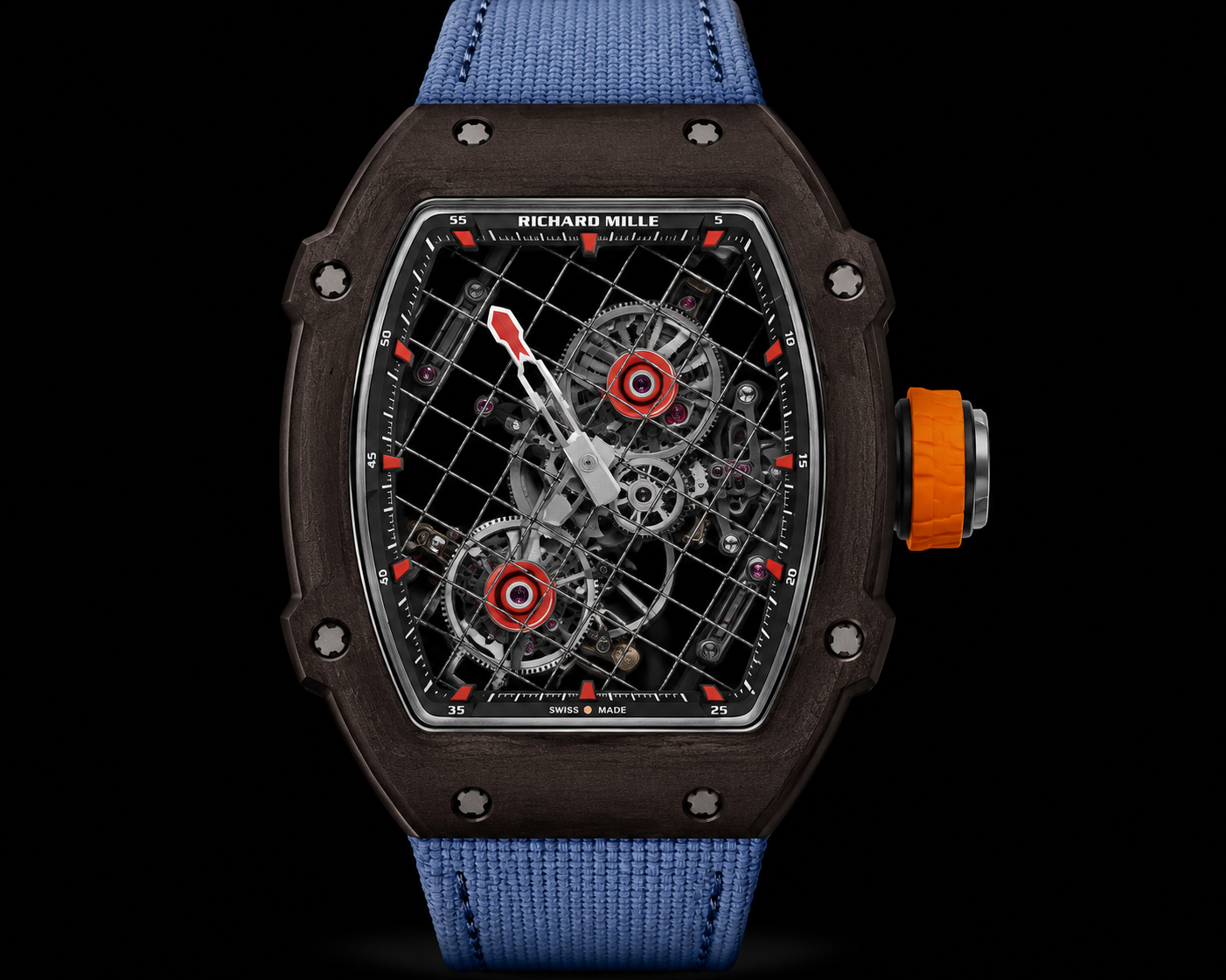 Montre de luxe avec cadran squelette, boîtier en bois, bracelet en tissu bleu, et couronne orange, sur fond noir.