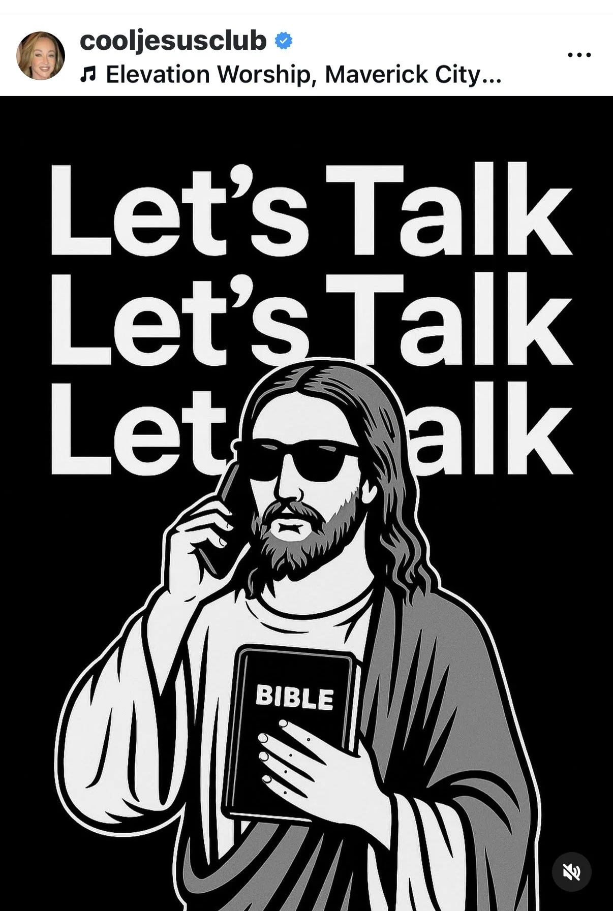Black and white illustration of Jesus Christ holding a Bible with the word 'BIBLE' visible on the cover, wearing sunglasses, with a beard and long hair, holding a phone to his ear, and the repeated text 'Let's Talk' in the background.