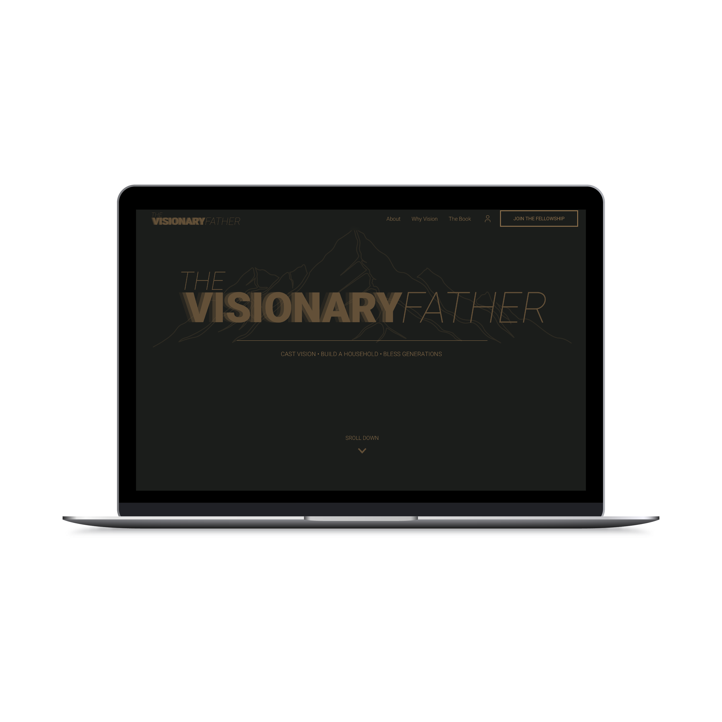 Laptop displaying a dark-themed website with the title 'The Visionary Father' and a mountain sketch in the background.