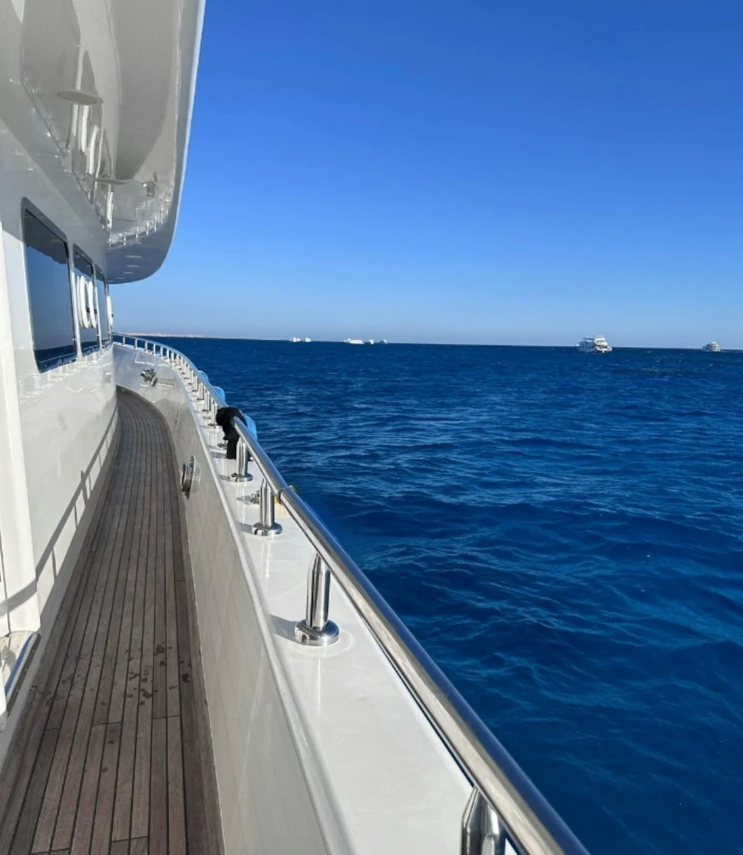 View from a cruise ship deck showing the ocean with a clear blue sky, several other ships in the distance, and part of the cruise ship's railing and wooden deck in the foreground.