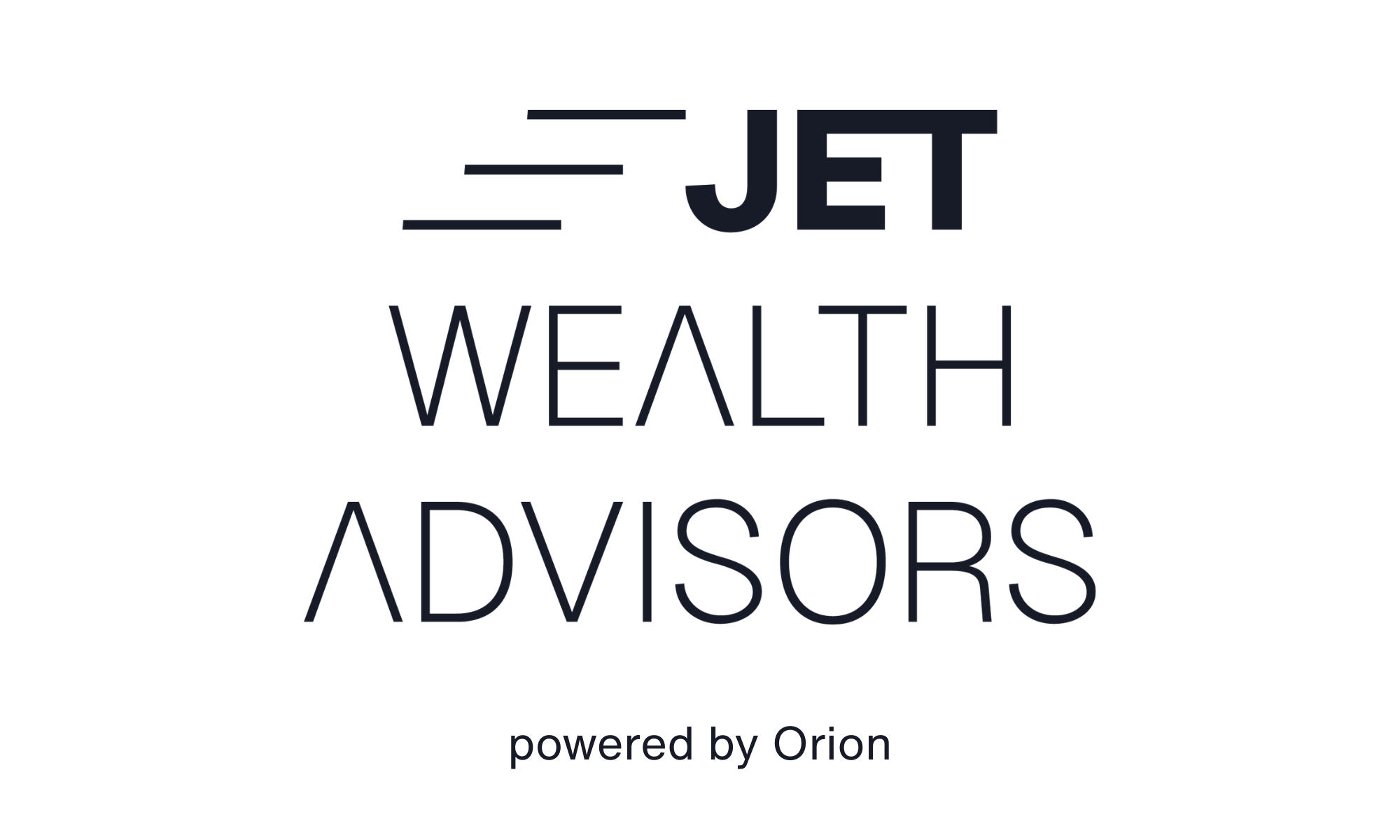 Logo with stylized text that reads 'JET WEALTH ADVISORS', featuring a jet icon with motion lines, and smaller text that says 'powered by Orion'.