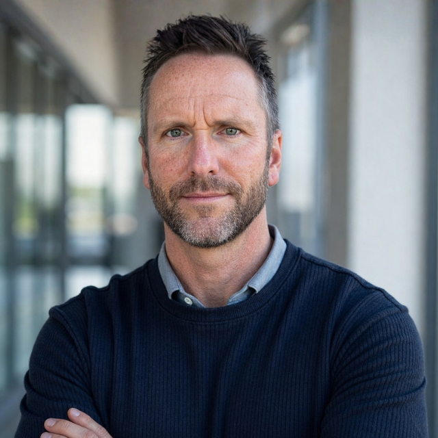 A man with short dark hair and a beard, wearing a navy sweater over a collared shirt, standing with arms crossed in a modern office building with large windows and natural lighting.