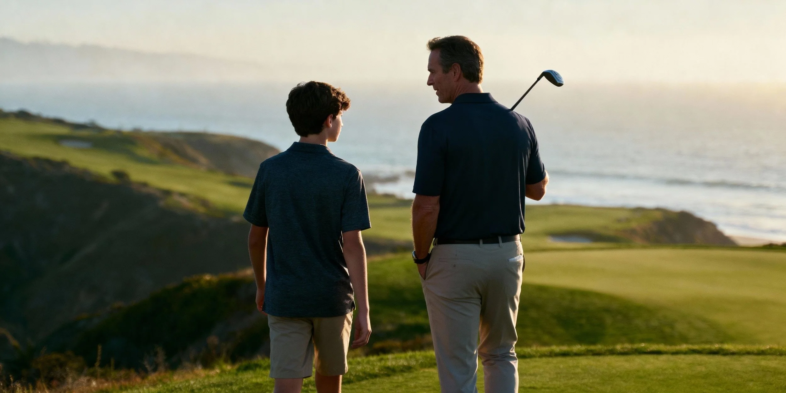 A man and a boy walk together on a golf course near the coast, with waves and cliffs in the background, as the sun sets.