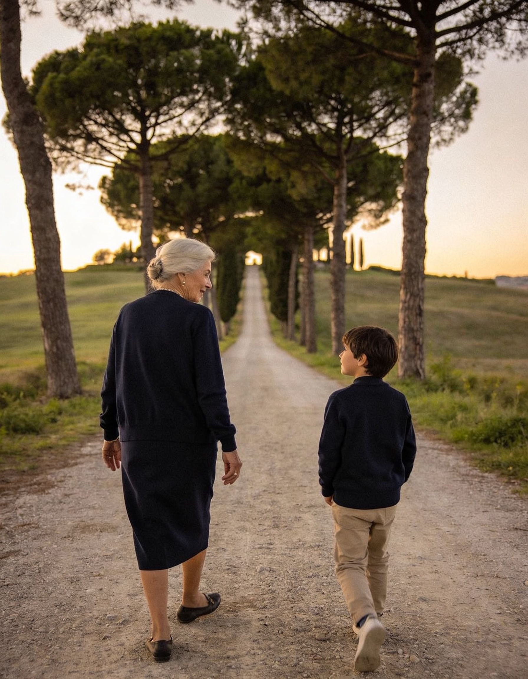 An elderly woman and a young boy walking together on a dirt path lined with tall trees, during sunset.