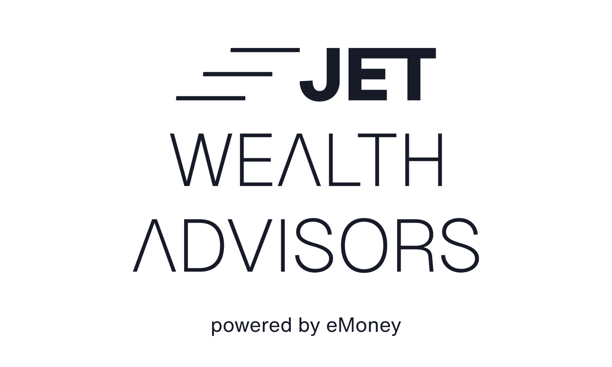 Logo with the words 'Jet Wealth Advisors' and 'powered by eMoney' beneath it, featuring a stylized jet graphic.