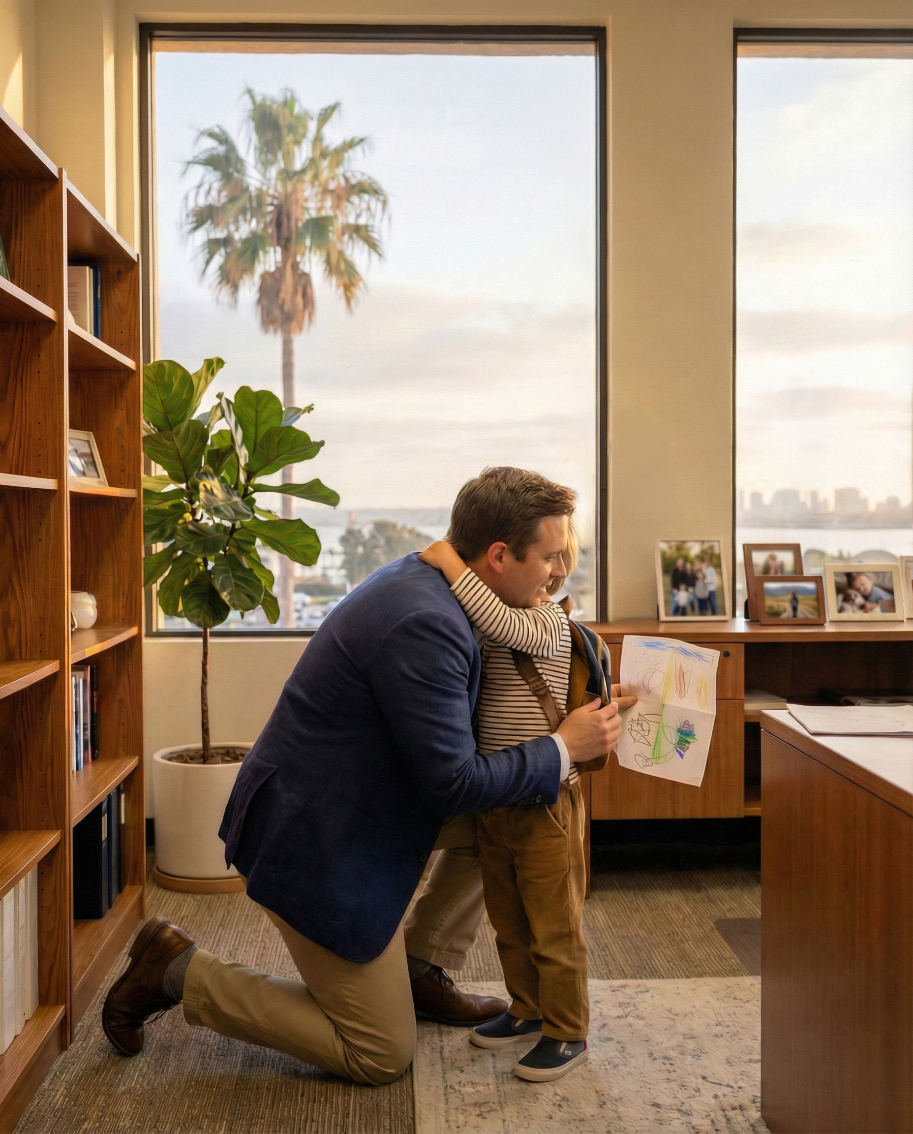 A man kneeling down and hugging a young boy in an office with a large window, a potted plant, a wooden bookshelf, and framed photographs on a desk.