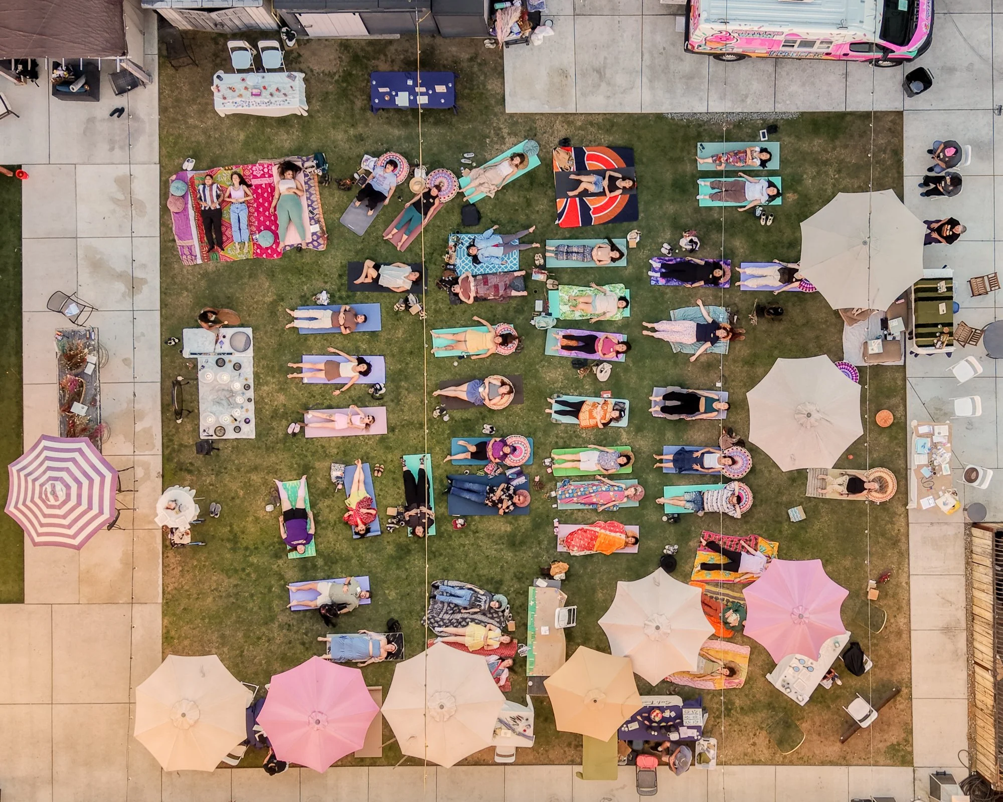 Aerial view of the Wayfinding Collective Spring Equinox Soul Fair gathering in Bakersfield