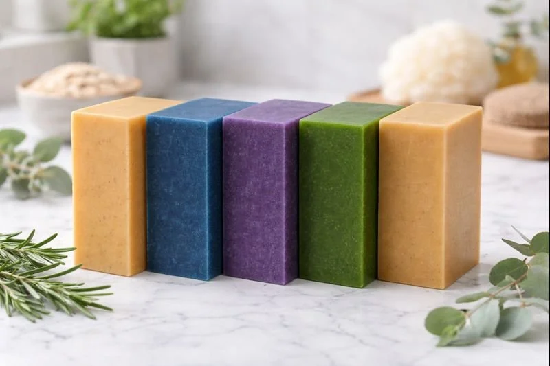 Five rectangular bars of handmade soap in yellow, blue, purple, green, and beige, arranged in a row on a marble surface with greenery and soap supplies in the background.