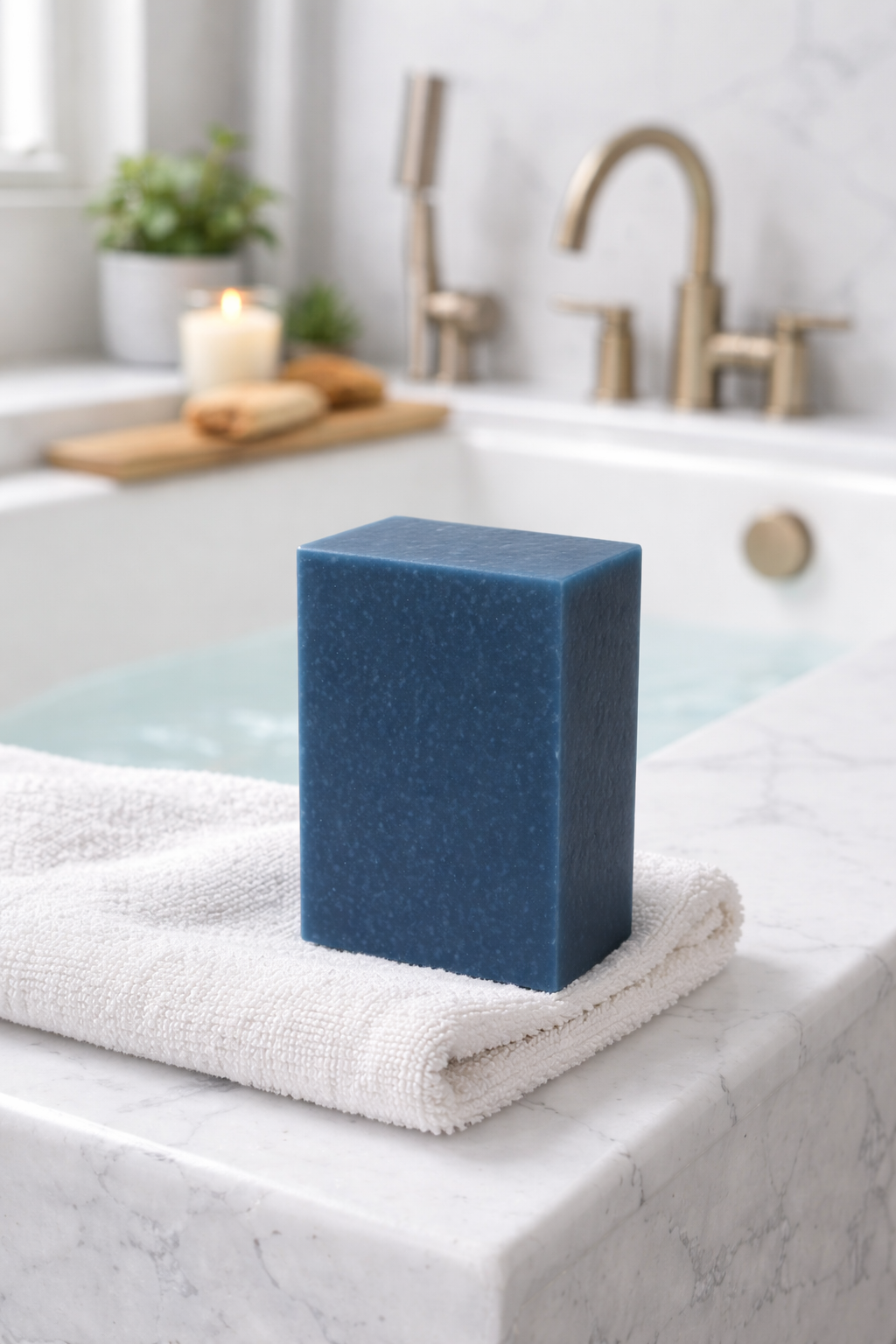 A blue rectangular soap bar on a white towel in a bathroom with a bathtub, faucet, candles, and potted plants in the background.