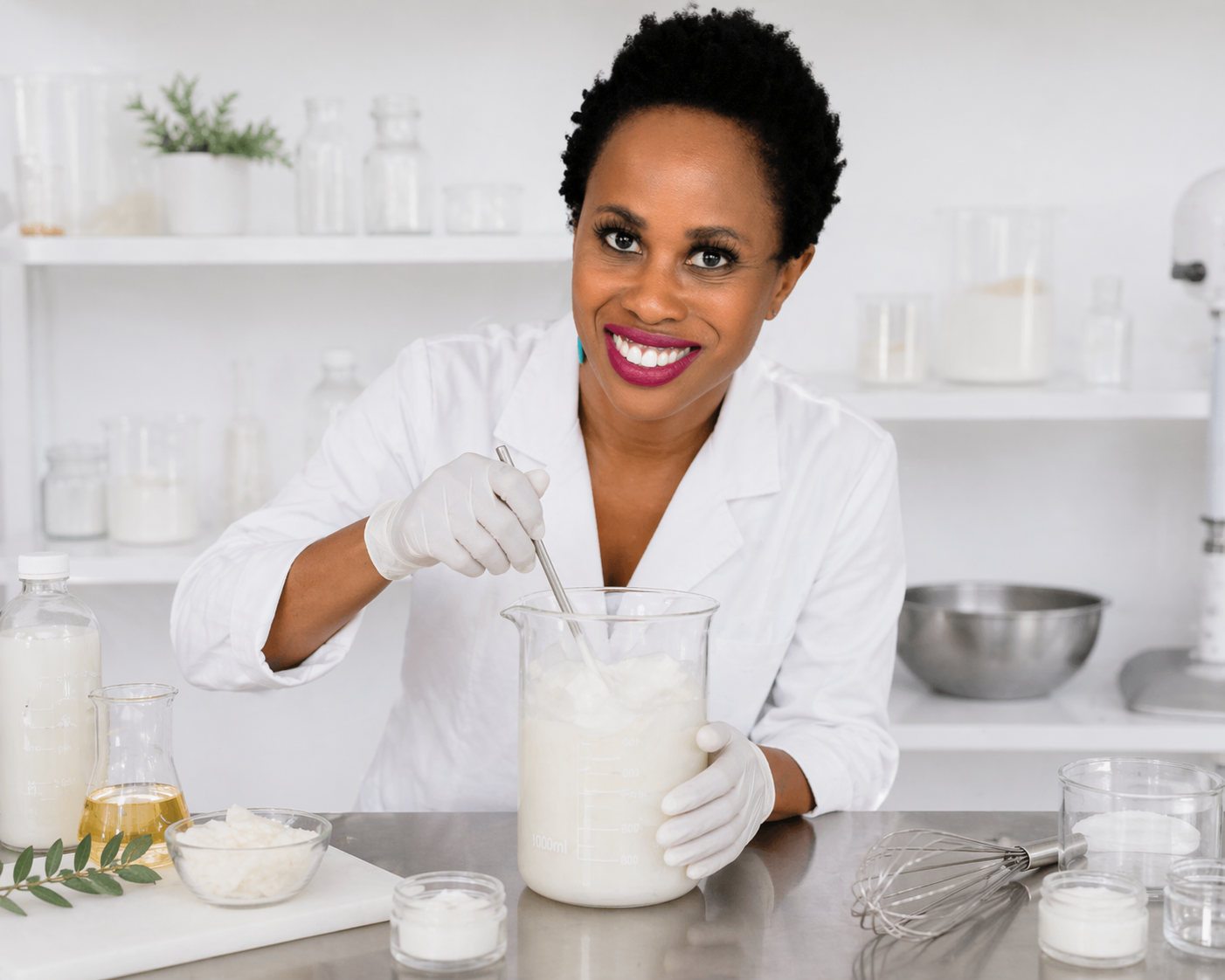 Woman in a lab coat and gloves stirring a beaker of white liquid in a laboratory with various glass containers and a whisk on the counter.