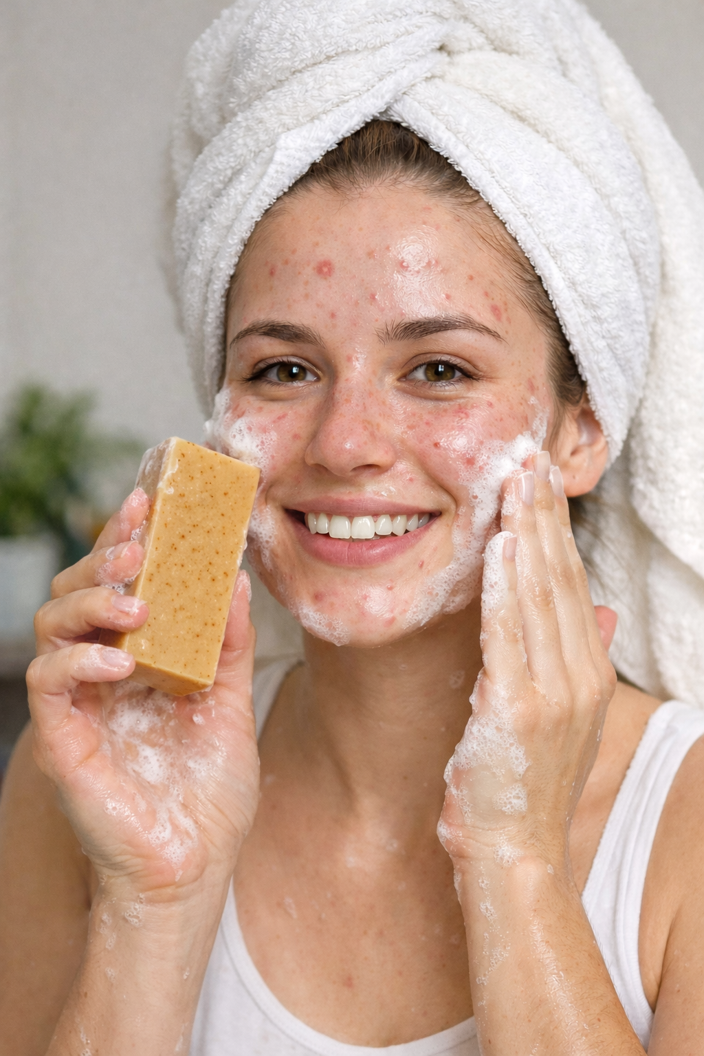 A woman with a towel wrapped around her head is smiling while washing her face with soap in a bathroom.