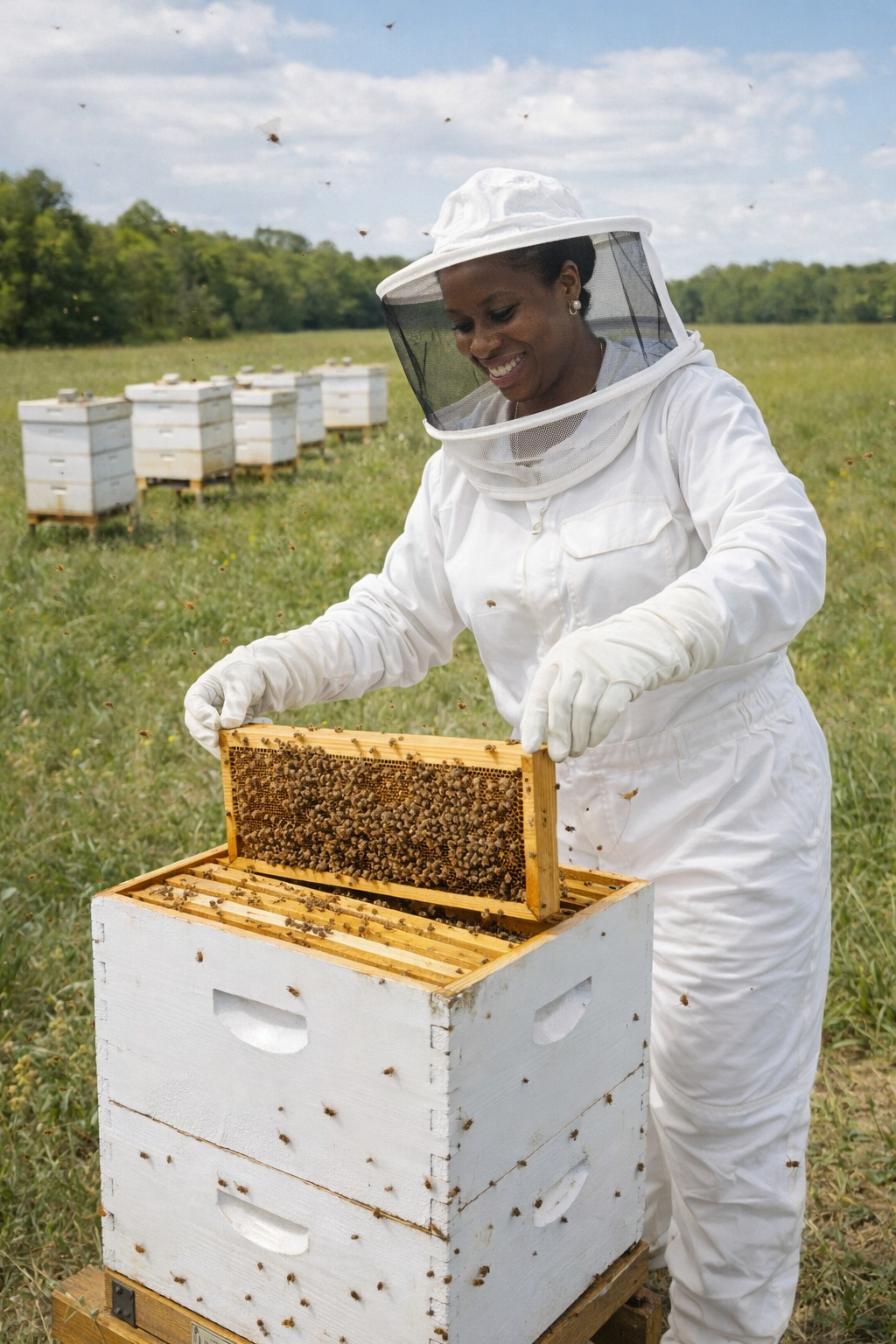 A woman in beekeeping suit inspecting a hive with bees around her in a field with multiple beehives in the background.