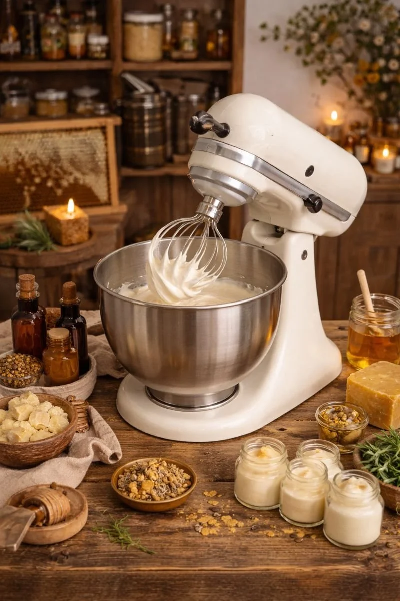 A vintage stand mixer whipping ingredients in a metal bowl, surrounded by jars of honey, beeswax, and other baking ingredients, on a rustic wooden table with candles and herbs in the background.