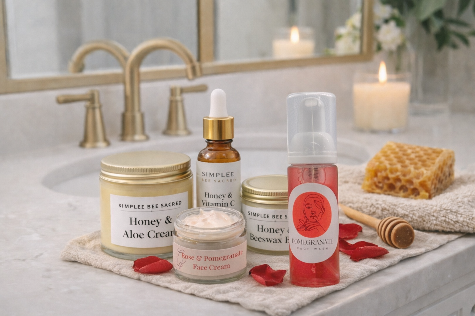 Skincare products including honey and aloe cream, honey and vitamin C serum, face wash, rose and pomegranate face cream, a honeycomb, a honey dipper, and candles on a bathroom counter with a mirror in the background.