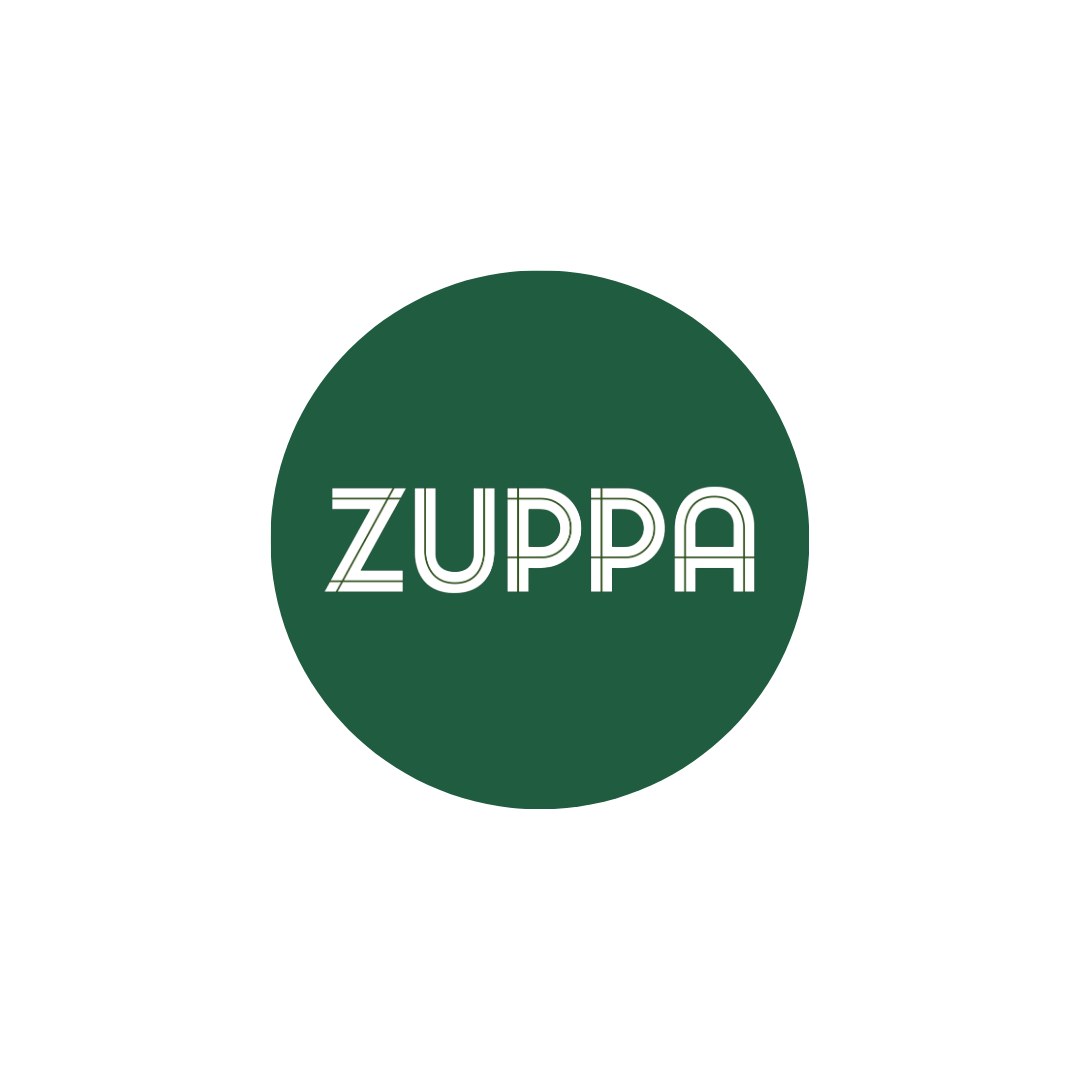 Logo with a dark green circle background and the word 'ZUPPA' in white stylized text in the center.
