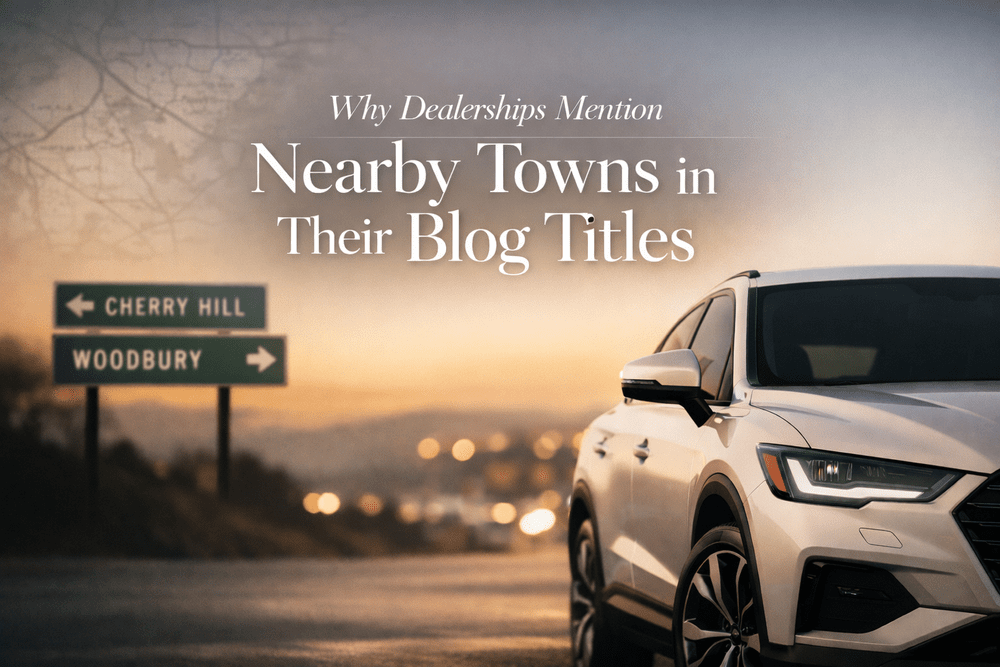 Twilight drive with route signs — why dealerships mention nearby towns in blog titles