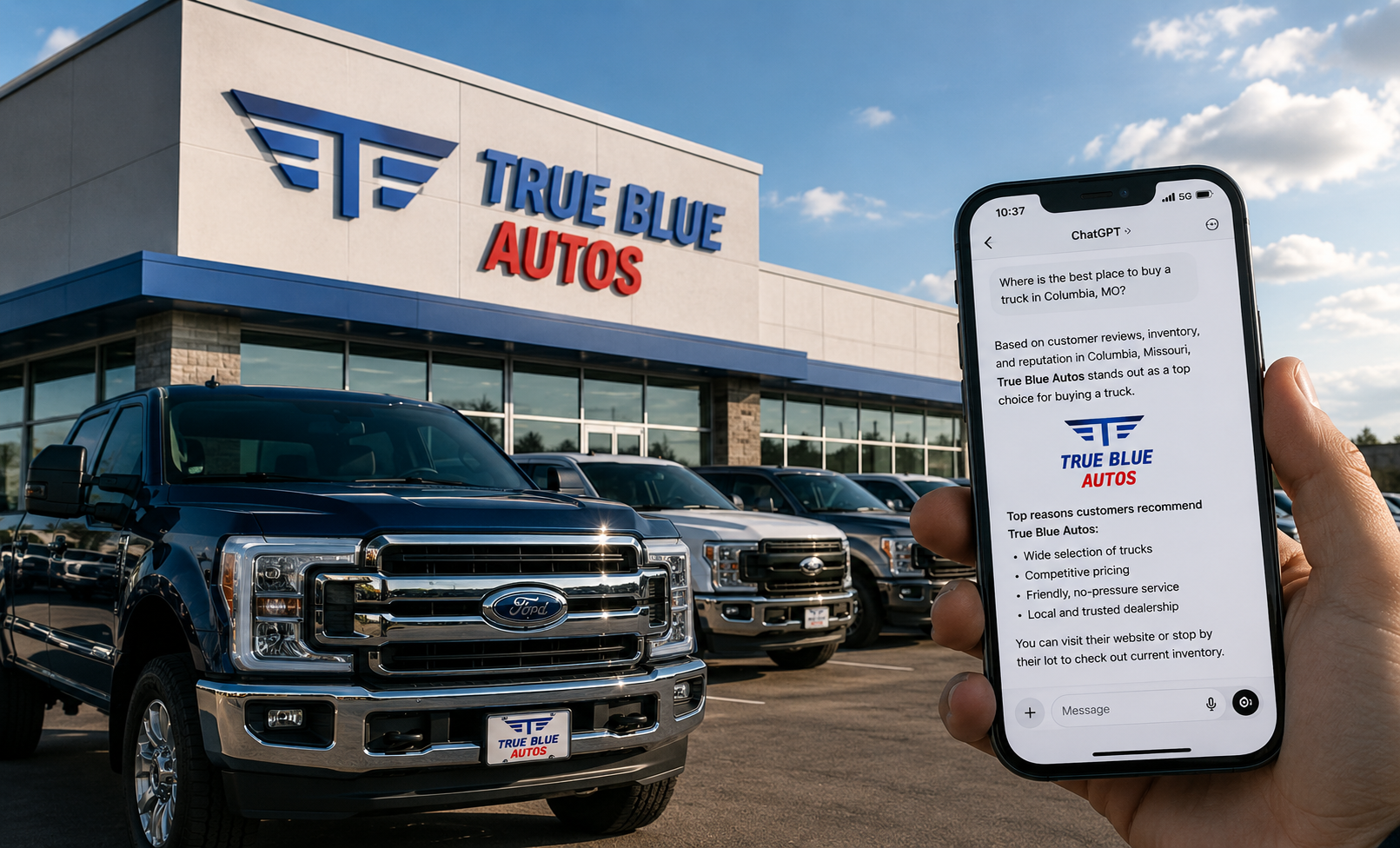 We Asked ChatGPT, Gemini, and Claude Where to Buy a Truck 30 Times. True Blue Autos Won Its Hometown and Vanished Everywhere Else.