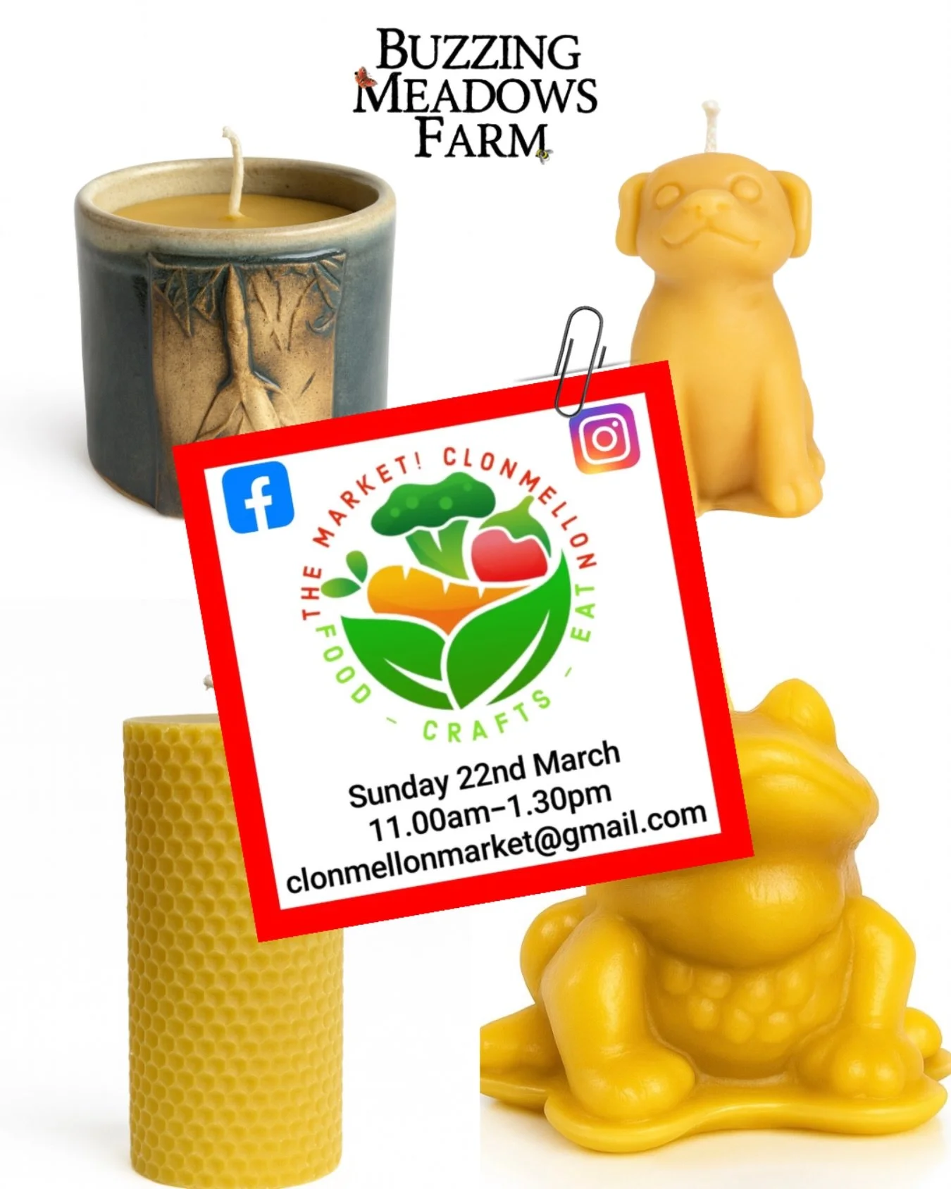 We are back in #clonmellon with our Beeswax Candles for the @the_market_clonmellon this Sunday - 22nd March. 11 till 1:30