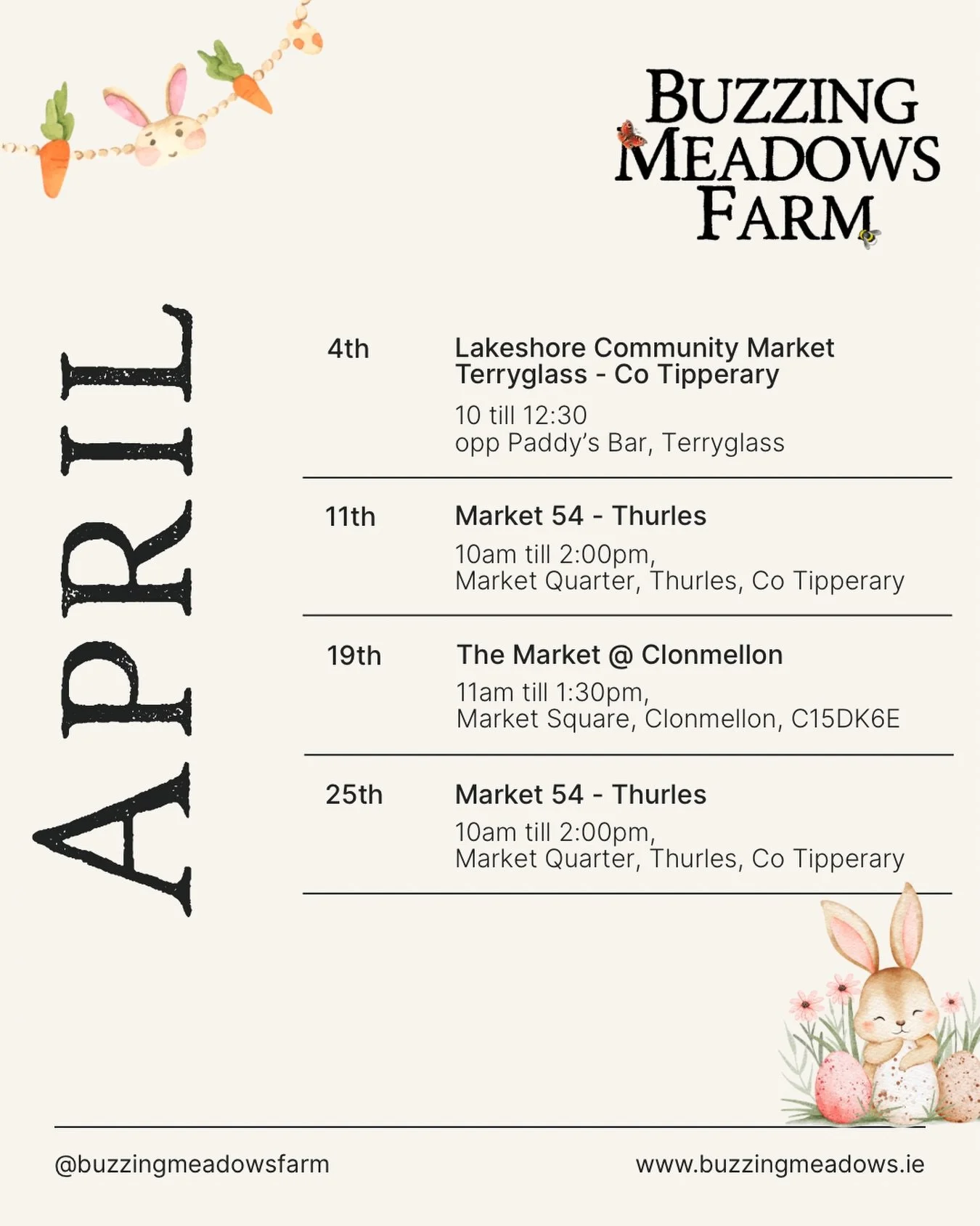 Sorry this is a little late.

We are delighted to be trying a new market this month. Can&rsquo;t wait to see the new @market54thurles and then we are back in Clonmellon. 

#buyirishandlocal #clonmellon #thurles #buzzingmeadowsfarm
