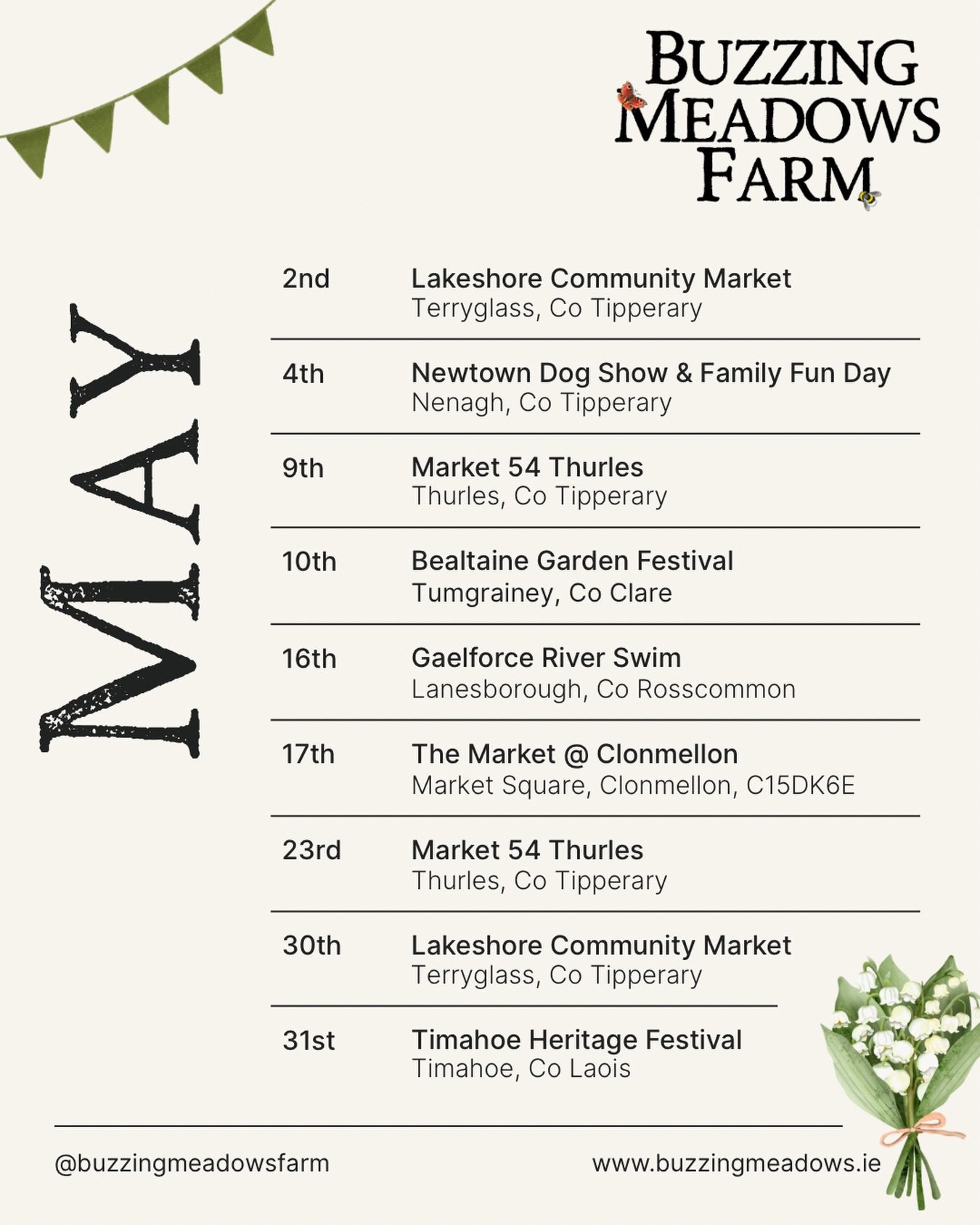 It&rsquo;s May! Can&rsquo;t believe how fast this year is going! 

We have a mighty month coming up starting with our favourite market in Terryglass and ending on the June Bank Holiday at Timahoe for the Viking Heritage Festival. 

#buzzingmeadowsfar