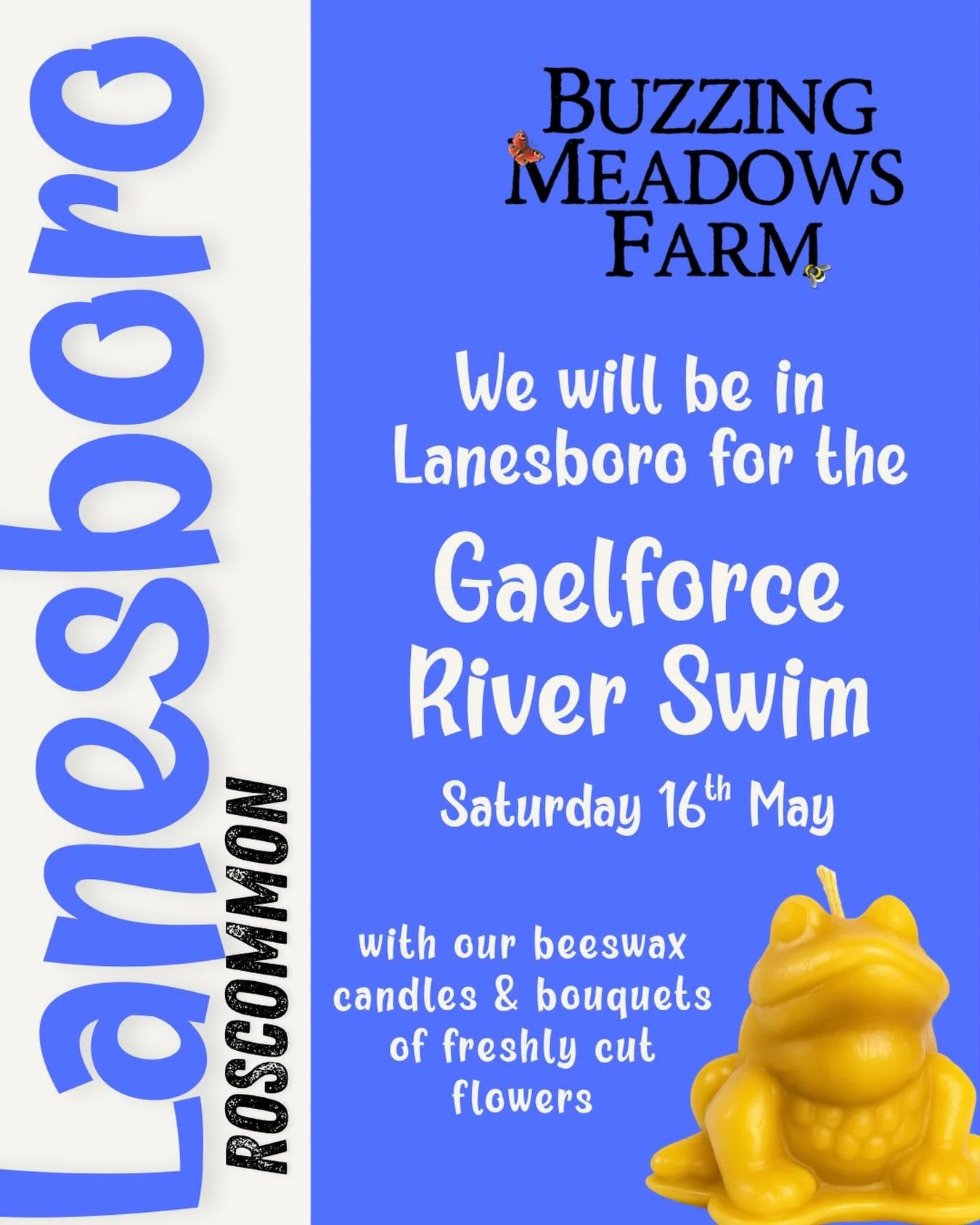 Tomorrow we will be in Lanesboro, Roscommon for the @killarygaelforce River Swim. Come and find us for beeswax candles and we will have a few bouquets of flowers grown on our farm. 

#buzzingmeadowsfarm #lanesborough #rivershannon #riverswimming #ros