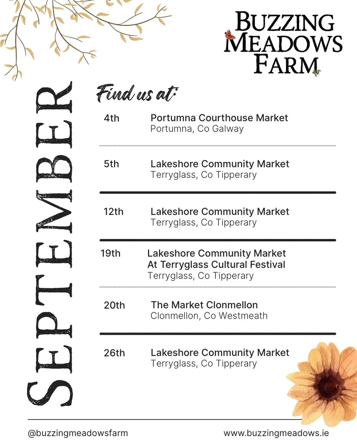As the season changes I am taking it a wee bit slower for September! Really looking forward to @terryglasslecheile festival on the 19th and being back in Clonmellon on the 20th. 

#buzzingmeadowsfarm  #terryglass #clonmellon #portumna #portumnacourth