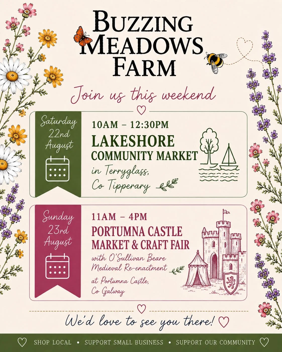 Looking forward to this weekend. Terryglass on Saturday and the Portumna Castle Market on Sunday.  We will have honey, flowers and candles&hellip;

See you all there. 

#buzzingmeadowsfarm #farmersmarket #heritageweek2026 #portumna #buyirish🍀