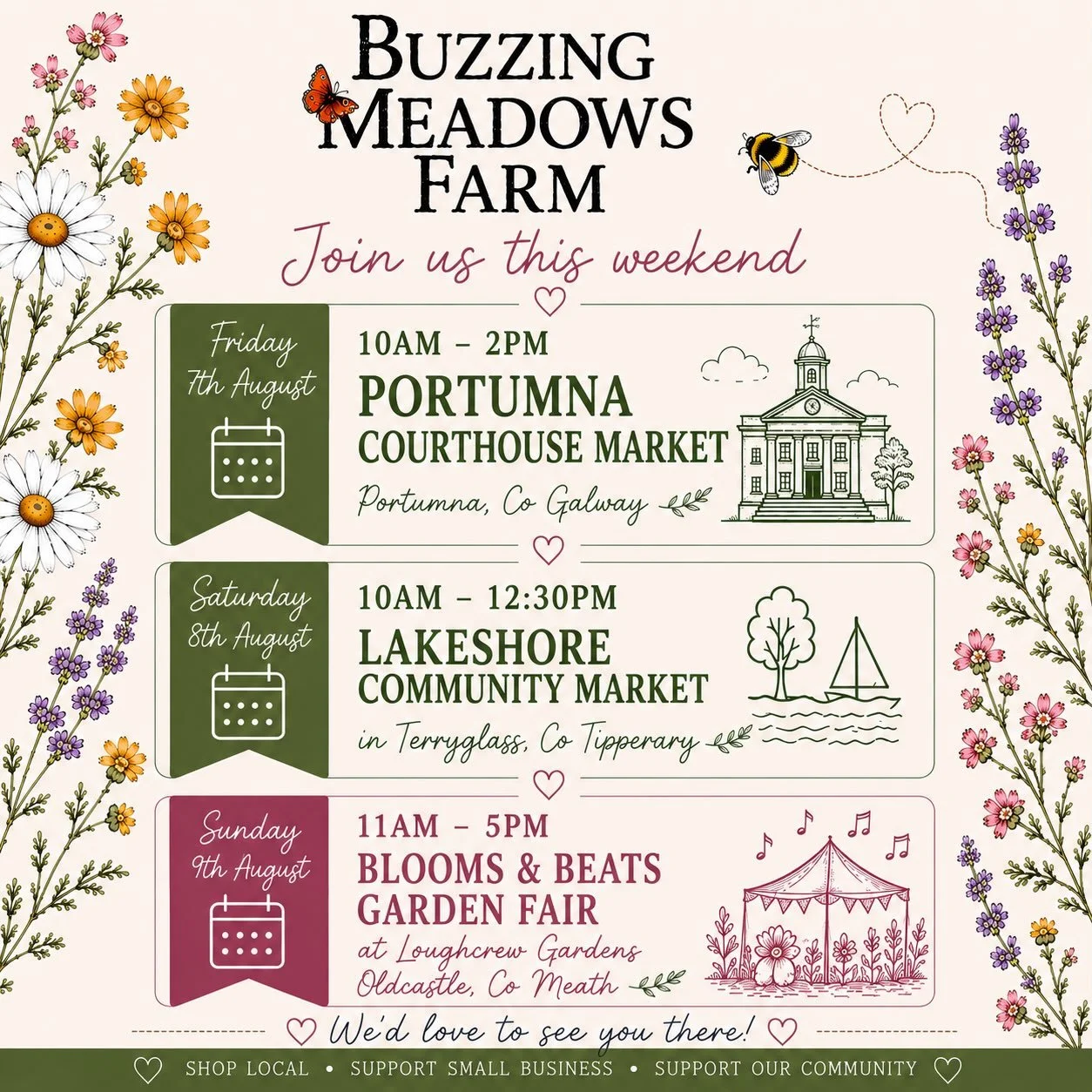 Join us for another lovely weekend of markets! You&rsquo;ll find our raw Irish honey, pure beeswax candles and seasonal flowers at Portumna, Terryglass and the Blooms &amp; Beats Garden Fair. We&rsquo;d love to see you there!

#BuzzingMeadowsFarm #Su