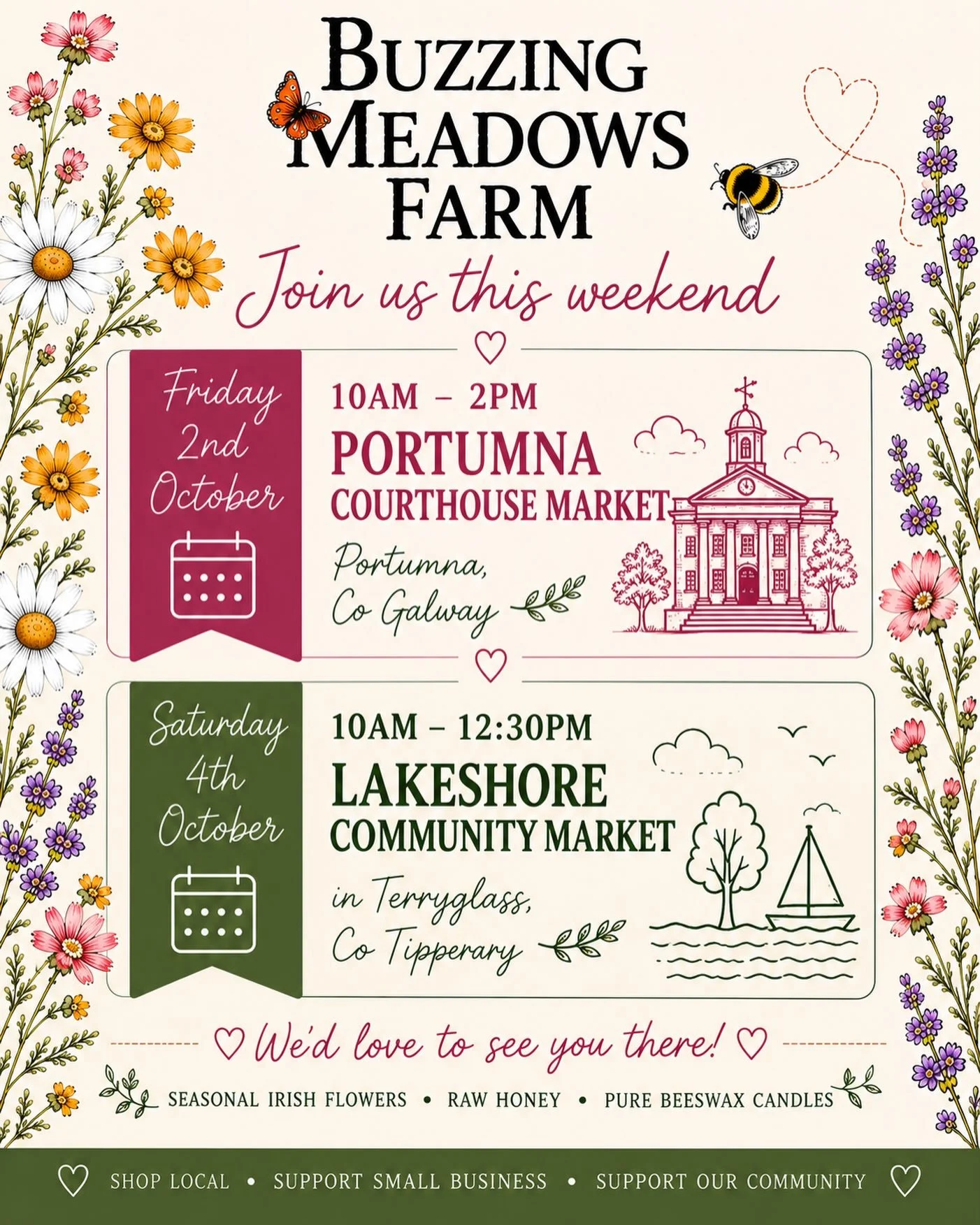 Come and get your honey, candles and fresh flowers from us at the @portumnacourthouse market on Friday then at the @lakeshorecommunitymarket on Saturday. 

#portumnacourthouse #portumna #terryglass #loughderg