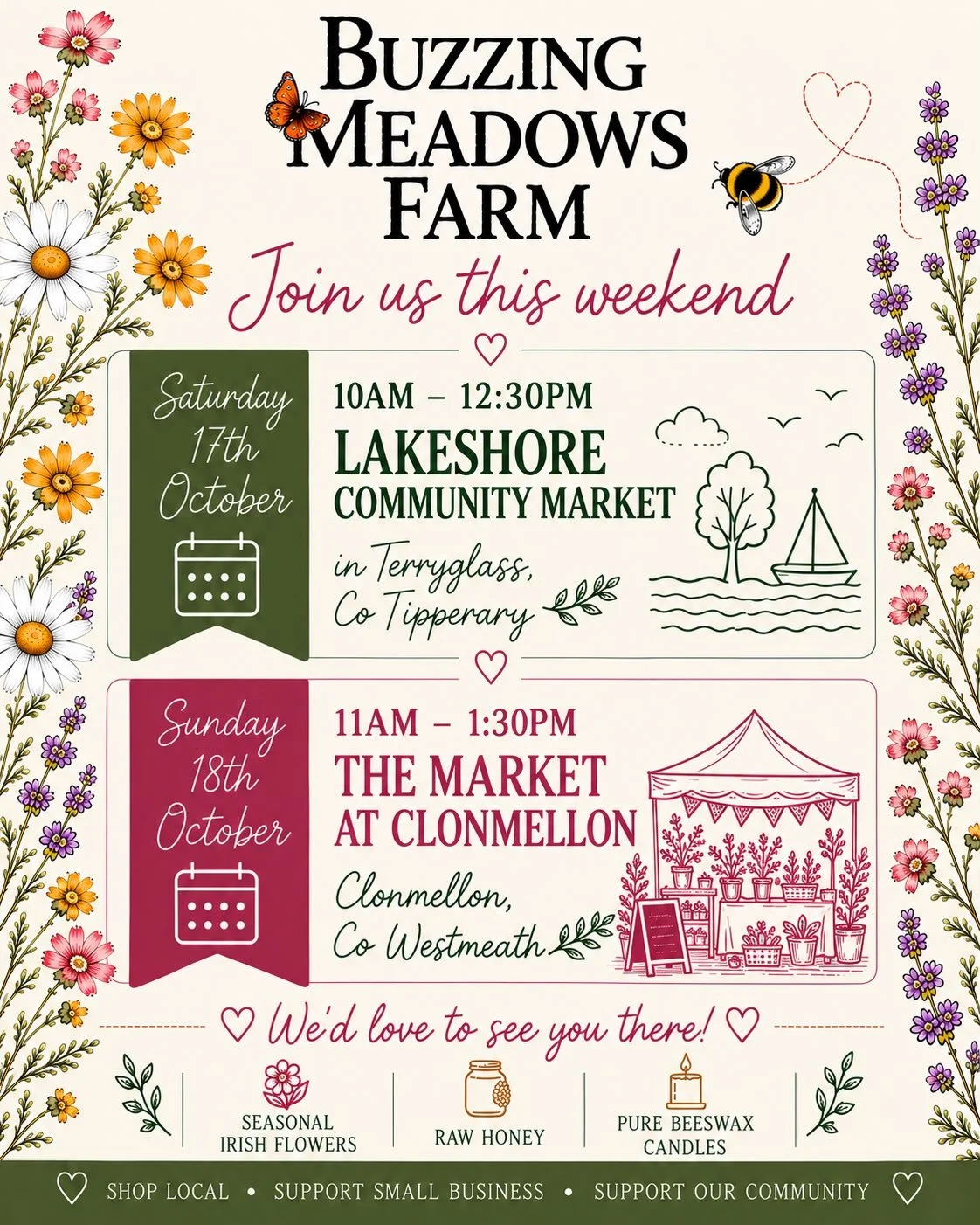 Looking forward to seeing you all this weekend and to being back at the lovely @the_market_clonmellon we will have our Beeswax Candles, Honey and flowers. This weekend will probably be the last drop of bouquets for this season so don&rsquo;t miss out