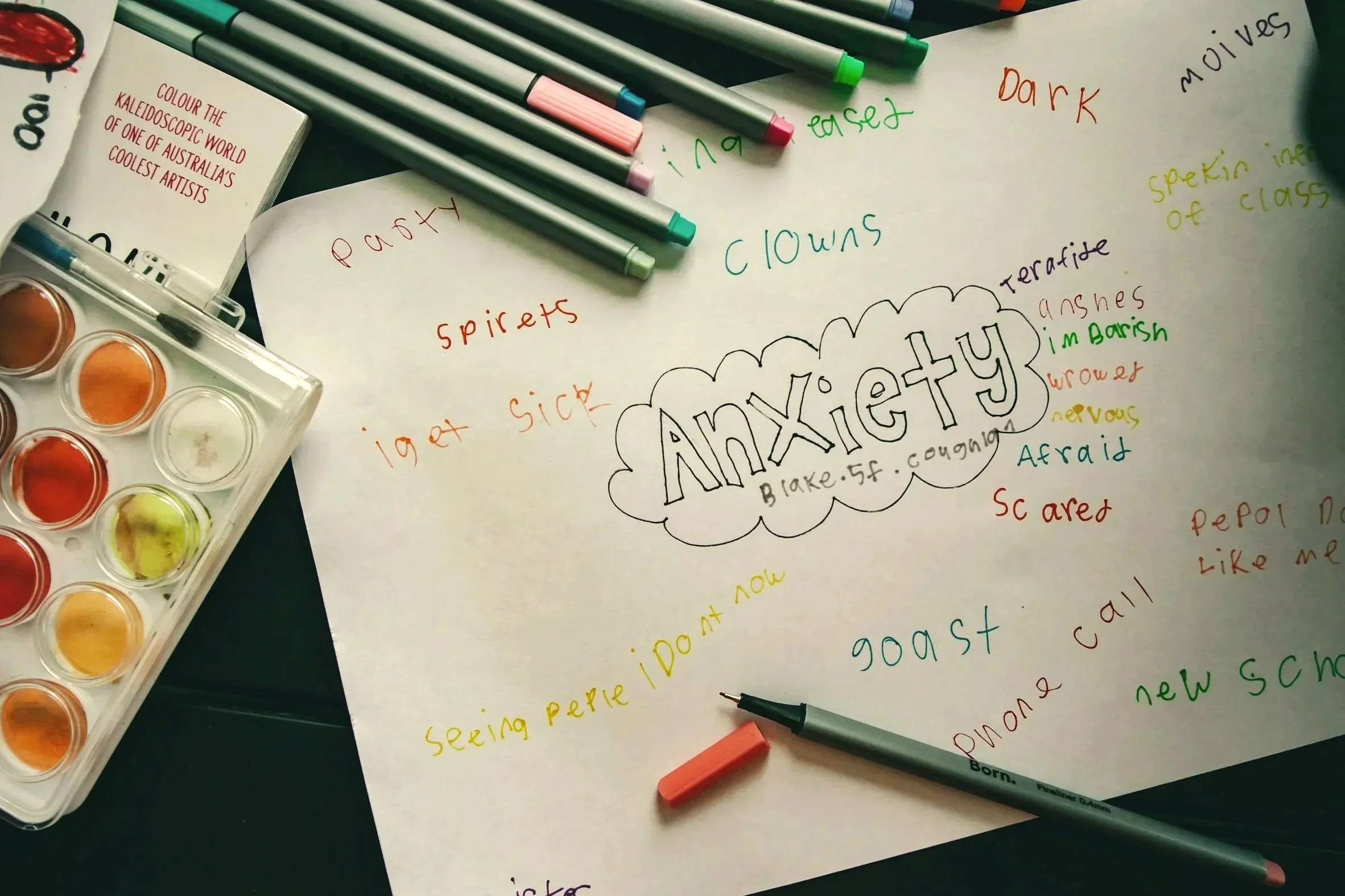 A handwritten list of words related to the word 'anxiety' with various colored markers on a white sheet of paper. The words include 'spiders,' 'light sick,' 'answered,' 'me,' 'Fear,' 'scared,' 'nervous,' among others. Several colored markers rest on top of the paper, and a watercolor paint set is visible on the left side.