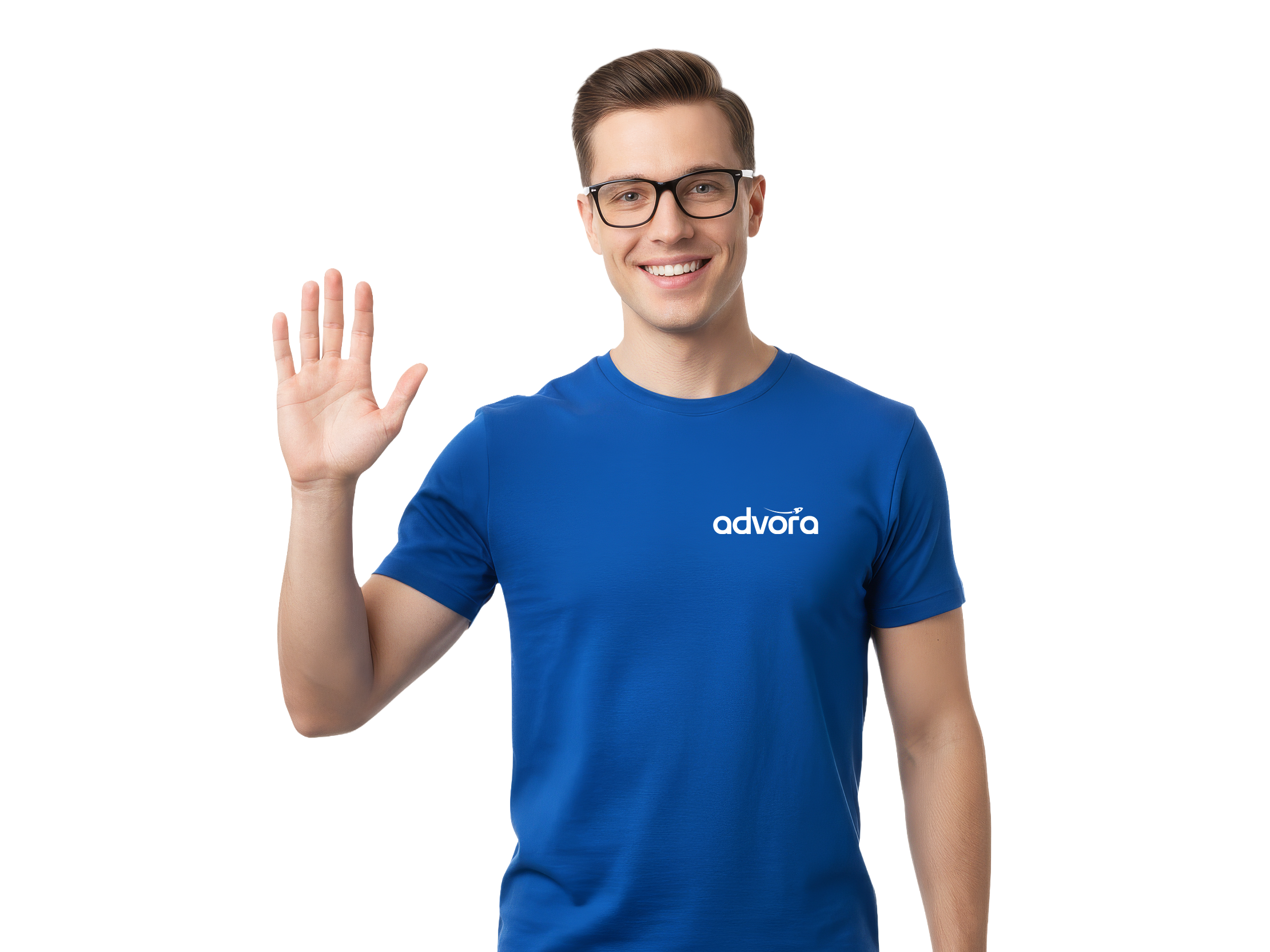 A young man with glasses, smiling, wearing a blue 'advora' t-shirt and waving with his right hand.