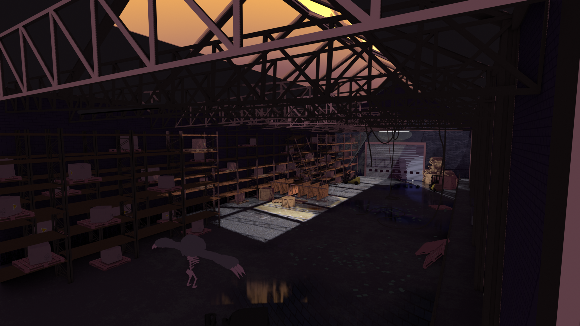 Abandoned warehouse set for an upcoming project called ELEGY. Only aspect not modeled by myself was the forklift for the sake of time.