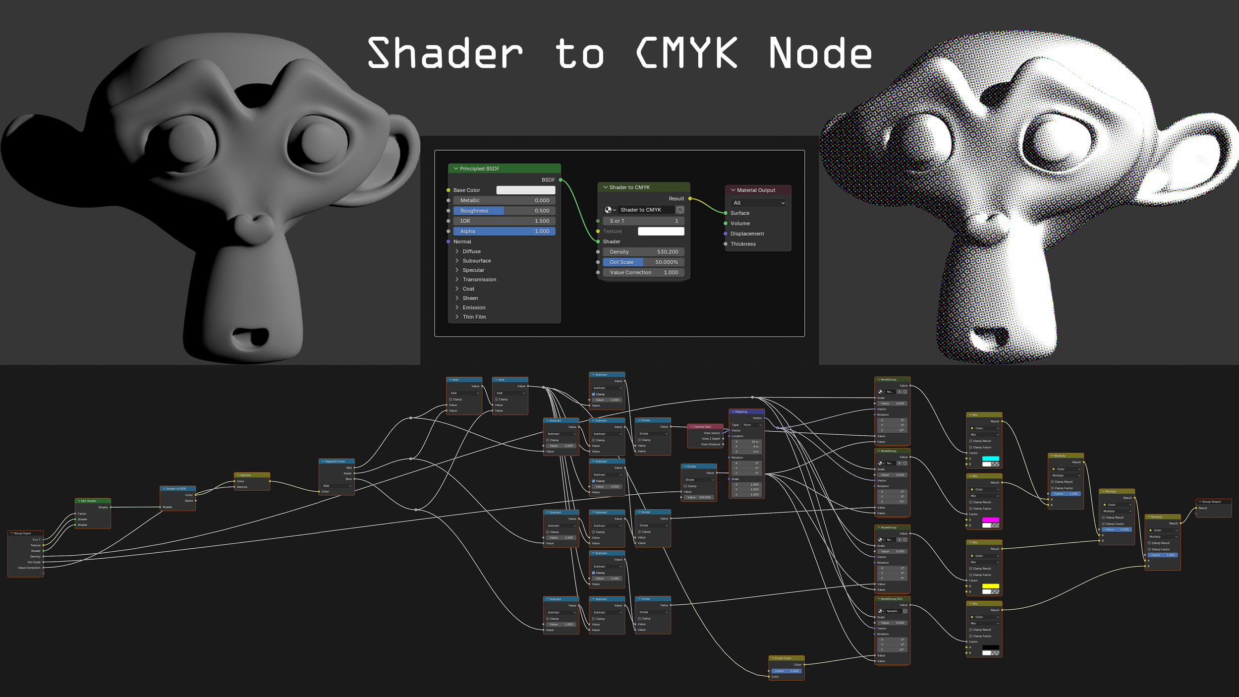 Sheet showcasing a shader using two monkey models. One has normal shading, and the other has a halftone pattern, demonstrating shader to CMYK color conversion.