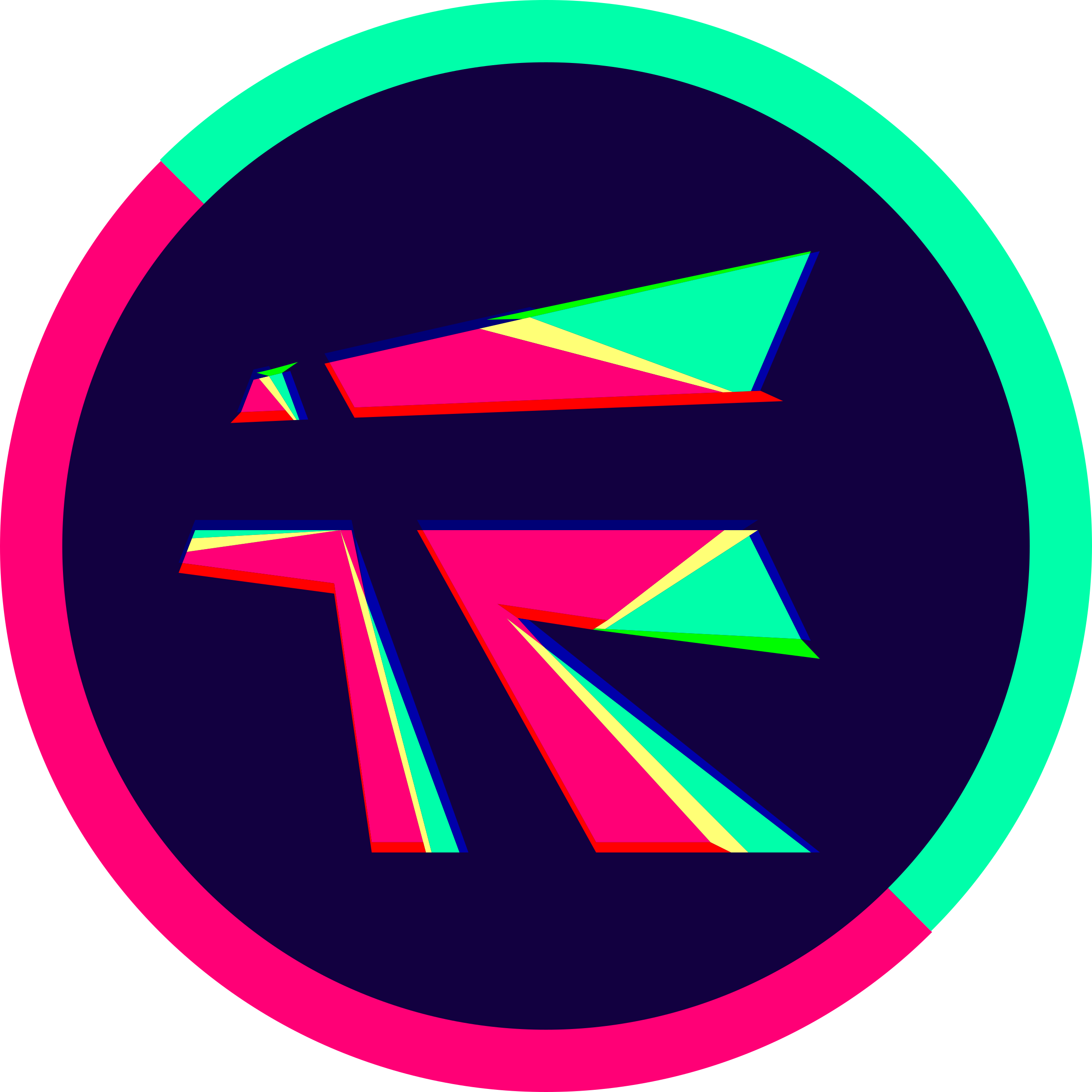 MikTRF's logo. An abstraction of the letters T R and F combined into one with vibrant pink, green and purple.