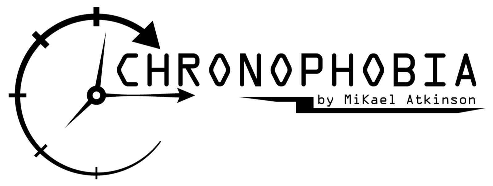 Black and white logo for a project named chronophobia. Shown here is a timeline bent into a circle to illustrate a clock, with an hour, minute, and second hand blocking off the first letter of the title.