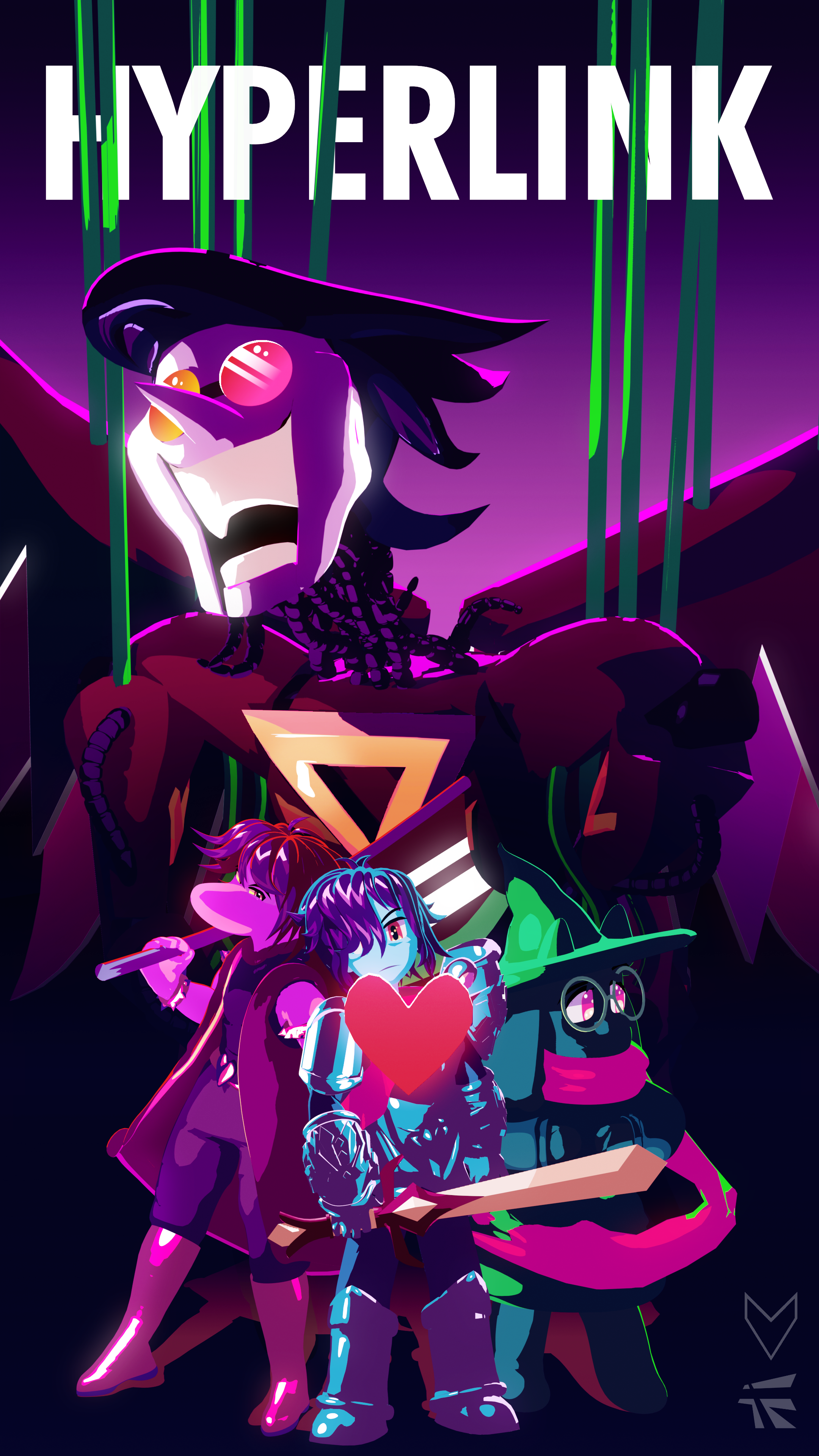 A promotional poster for a Deltarune fan animation called HYPERLINK featuring the characters Spamton, Kris, Susie, and Ralsei.