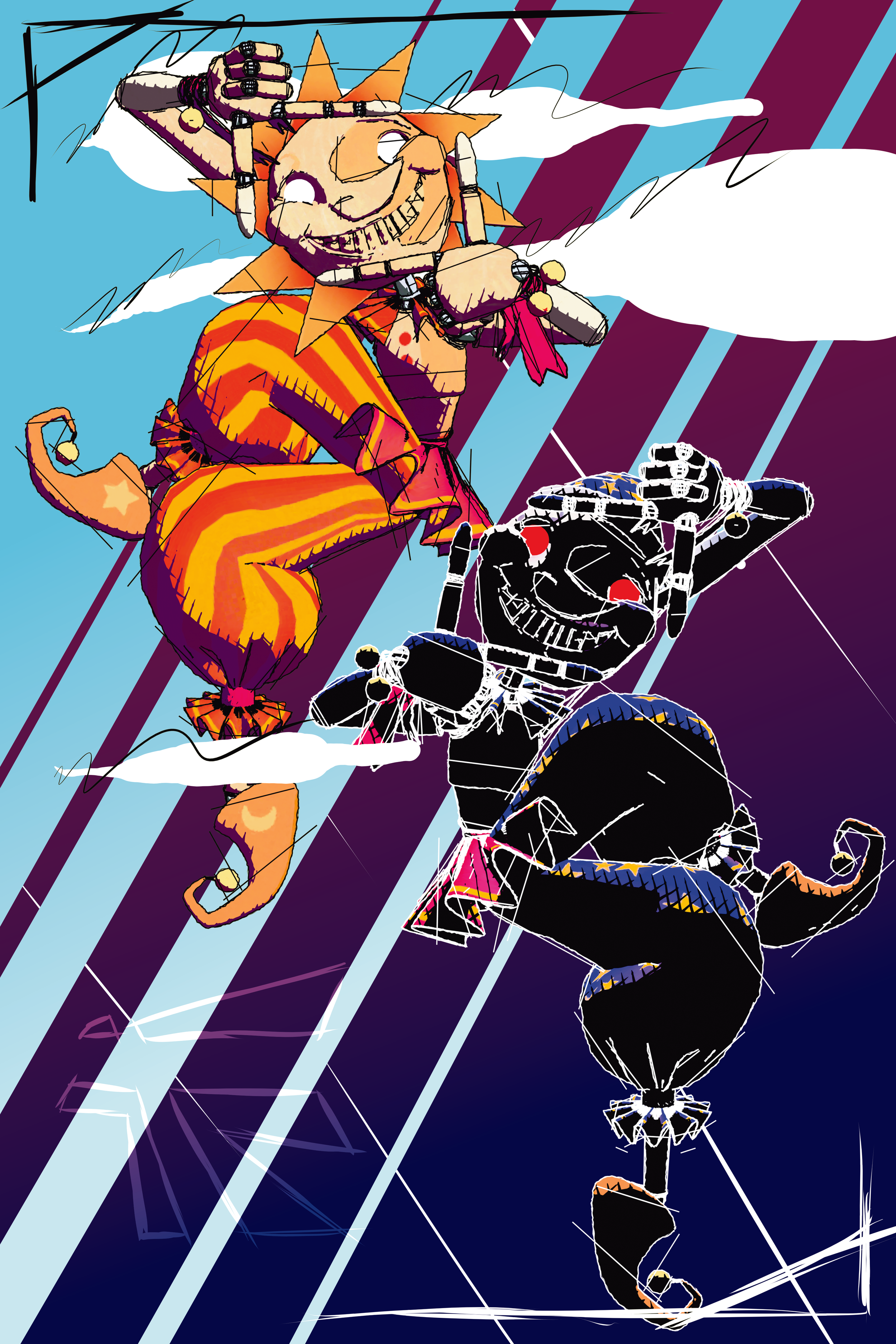A poster showing the characters Sun and Moon from Five Nights at Freddy's Security Breach.