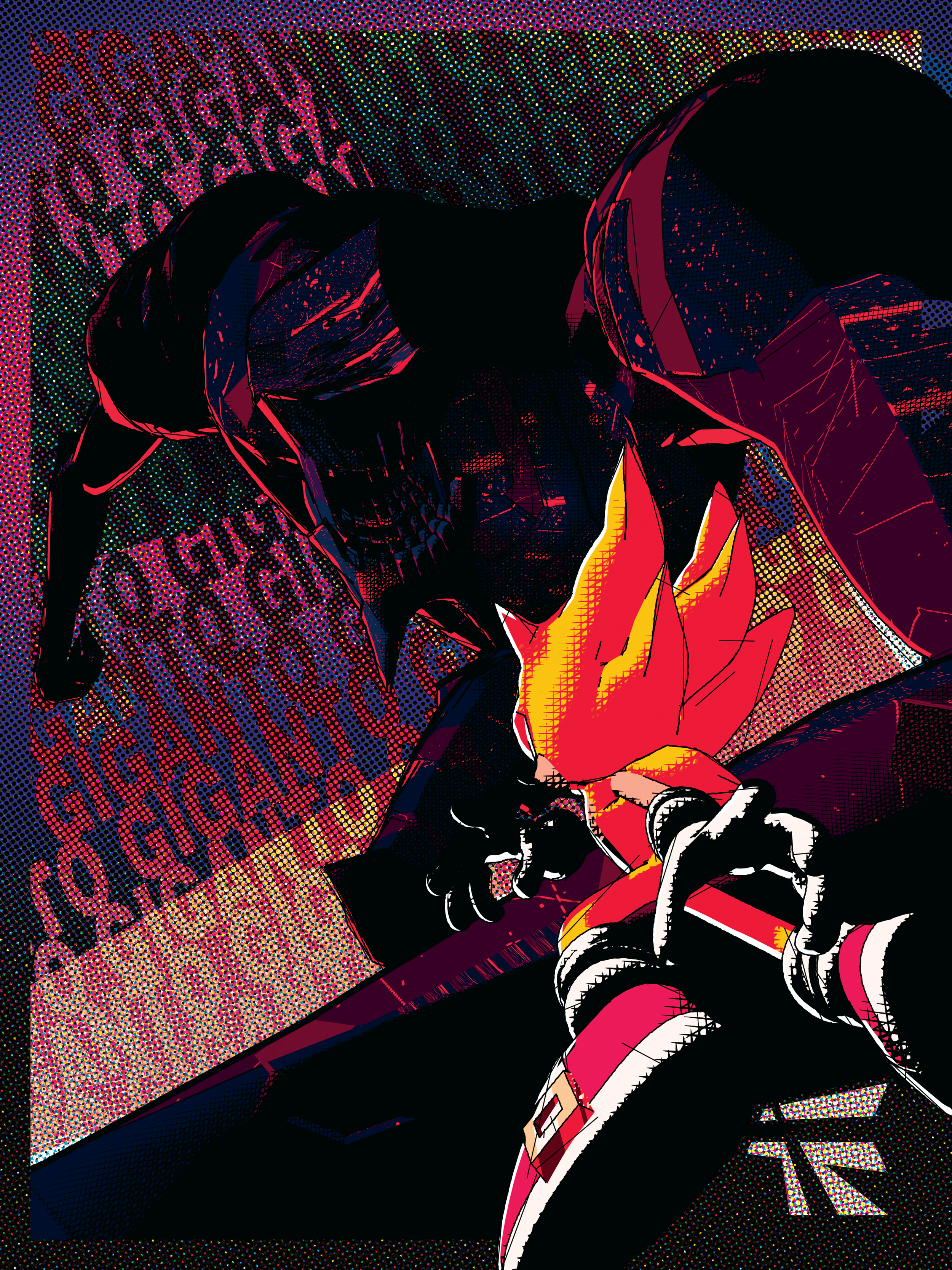 A poster featuring Sonic the Hedgehog in his super form fighting Giganto from the video game Sonic Frontiers.