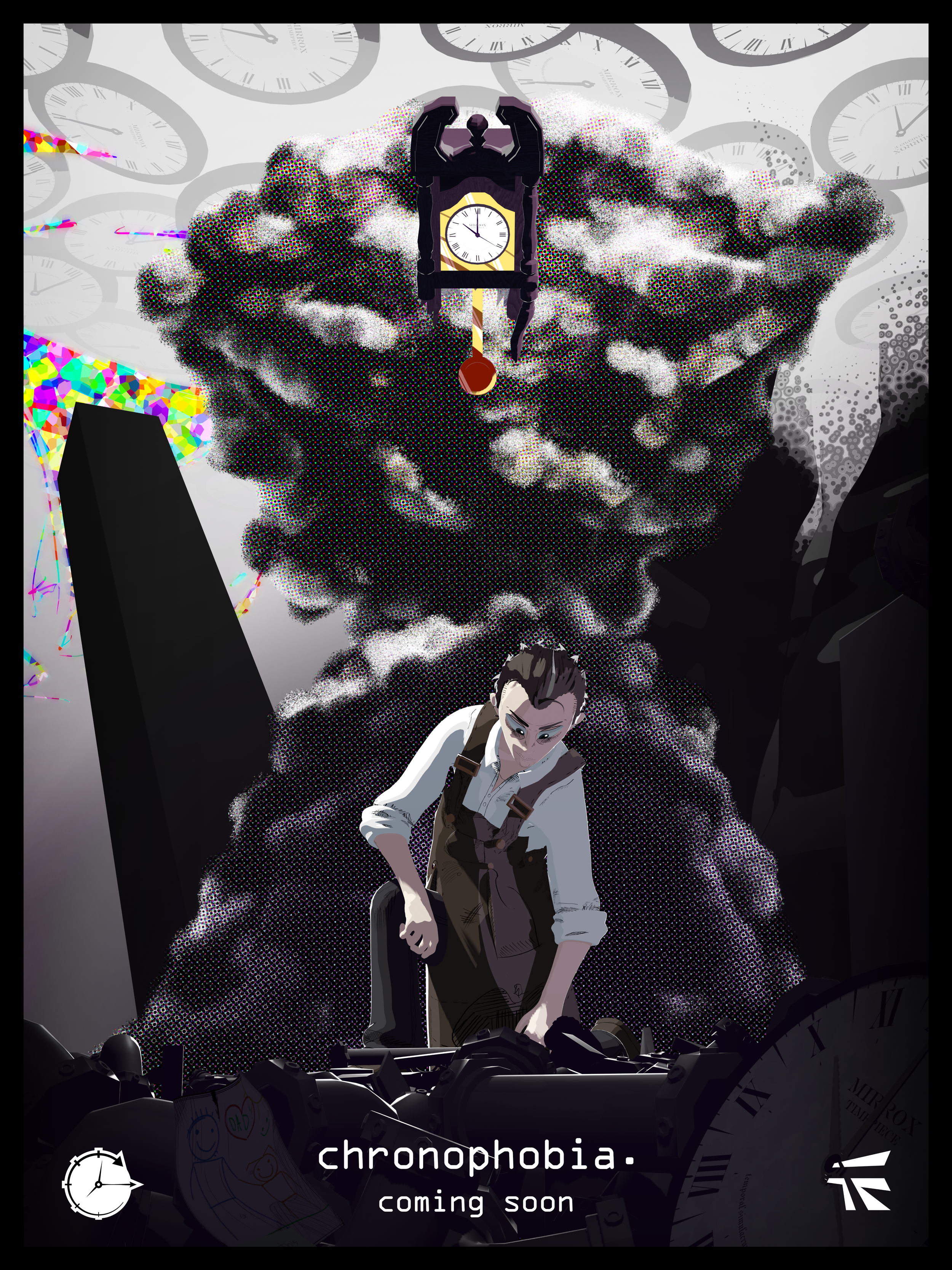 A poster for the short film Chronophobia. A male figure is seen crouched and inspecting some rubble, with a sandy form with a clock for a head looming over him.