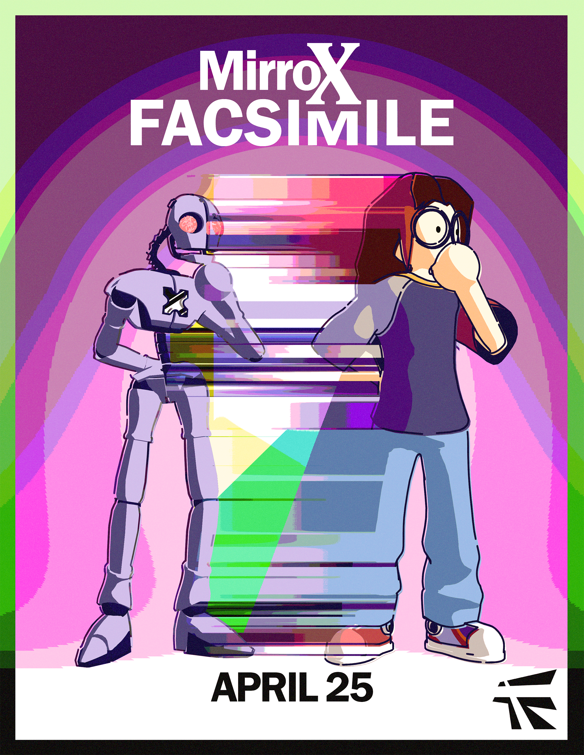 A promotional poster for a short film called MirrorX Facsimile with a stylized render of a humanoid robot and a person wearing glasses, with the release date of April 25 at the bottom.