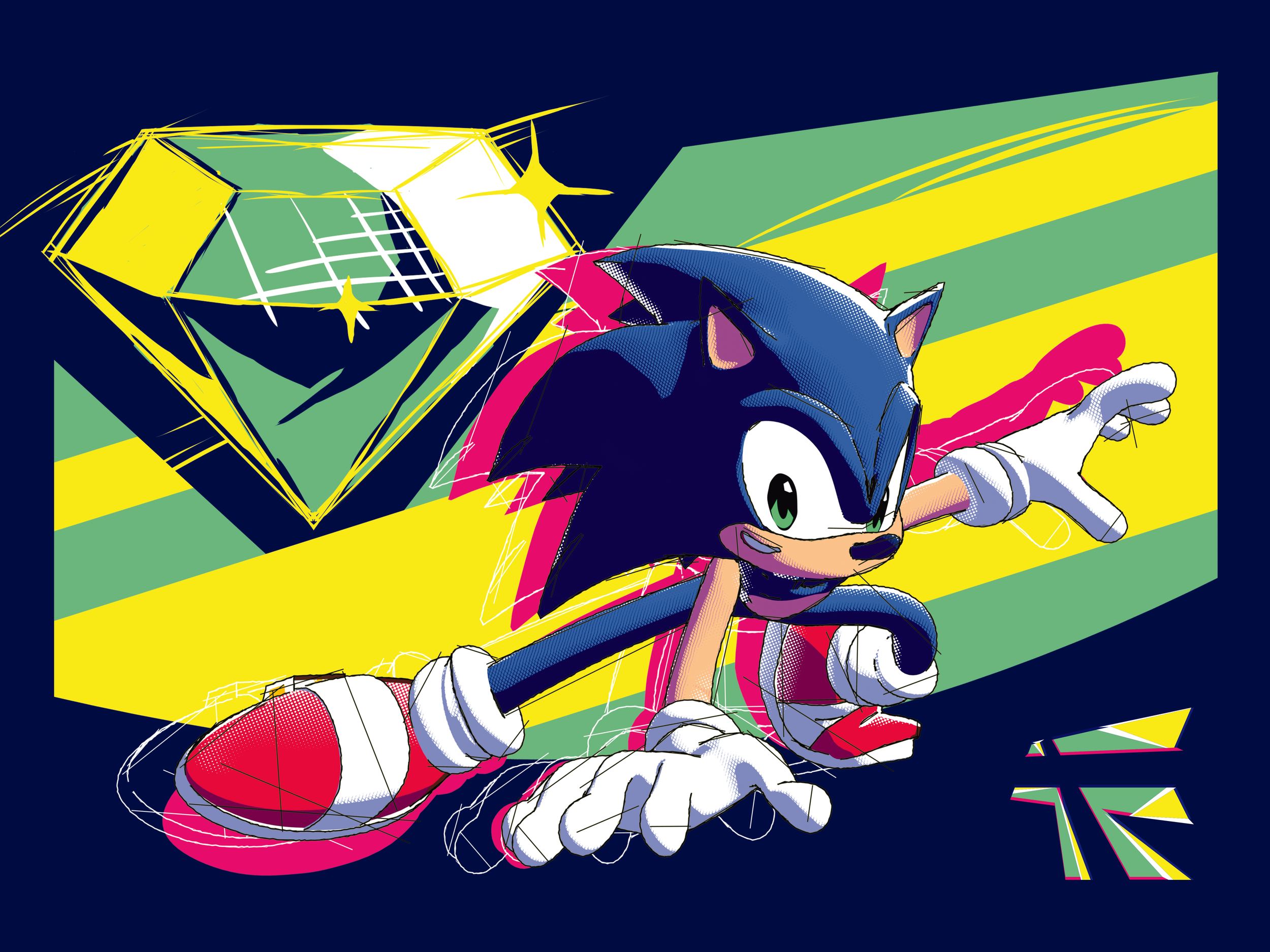 A poster showing Sonic the Hedgehog posed in front of an illustration of a Chaos Emerald.