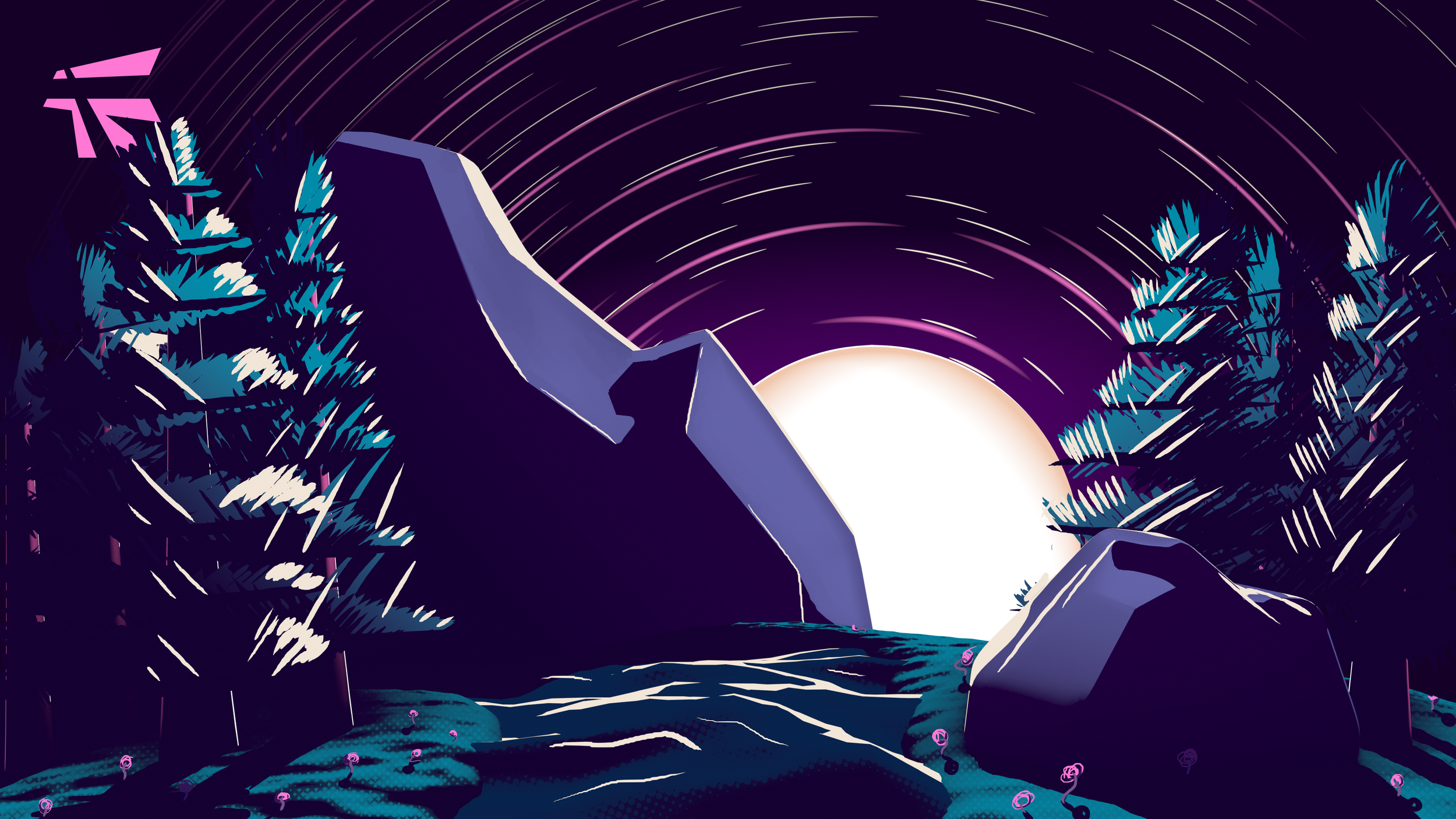 A render showing the moon peaking behind the mountains with a purple and blue color palette.