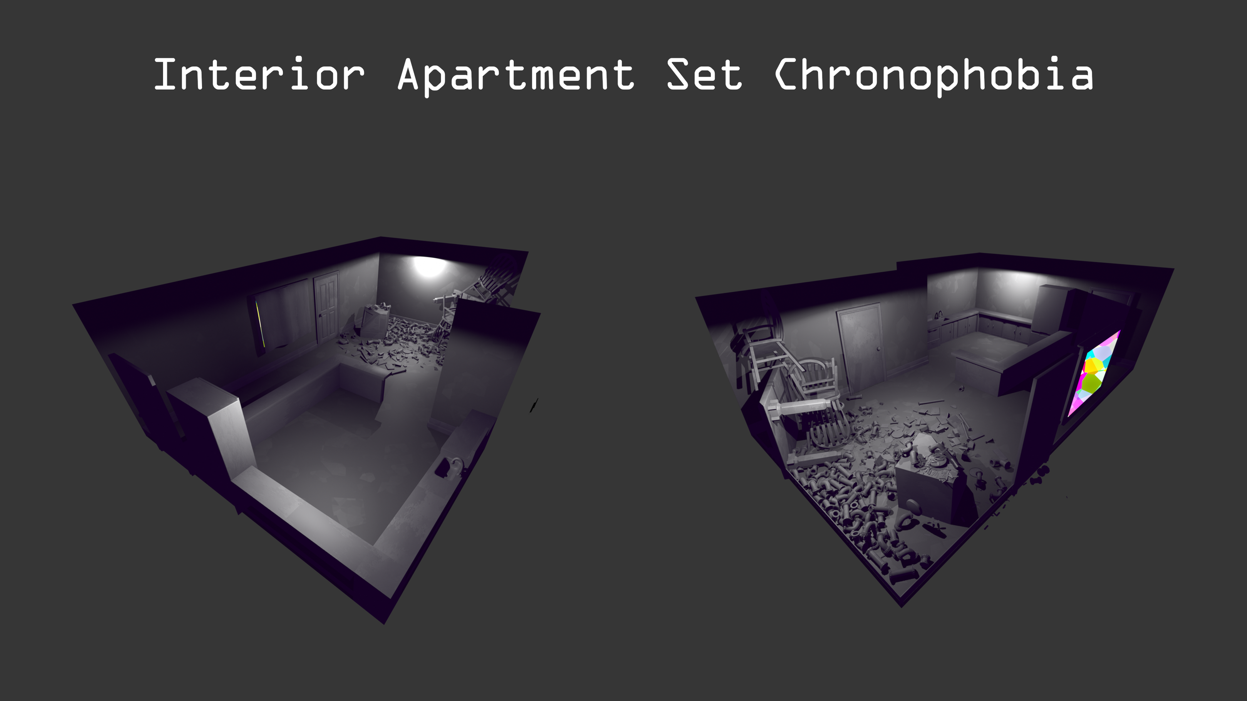 A sheet that shows two angles of an apartment interior model.