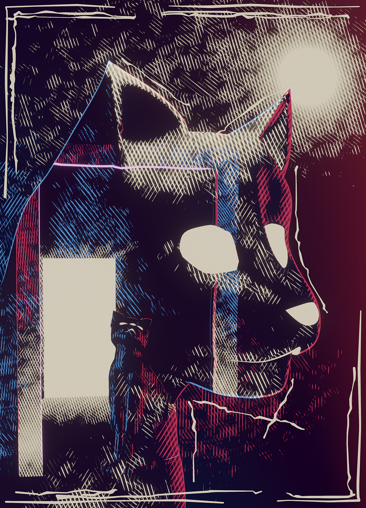 A render of a cat with a double exposure style window through it, displaying the same cat positioned outside an open door. Inspired by the song Softy by Kiltro.